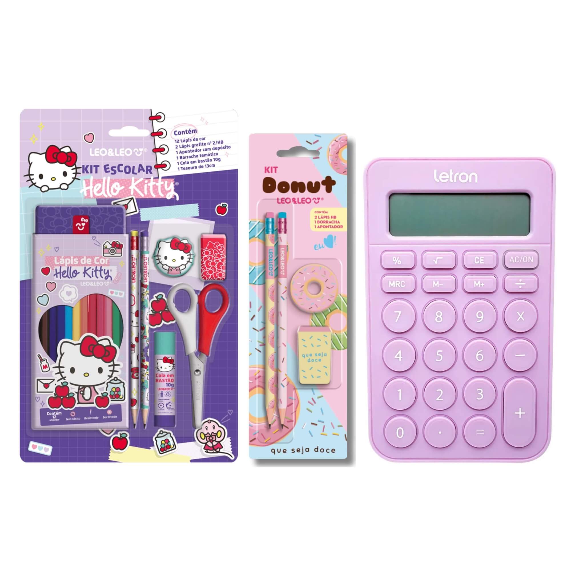 COMP Kit Material Escolar Hello Kitty e Donuts + Calculadora Lilás