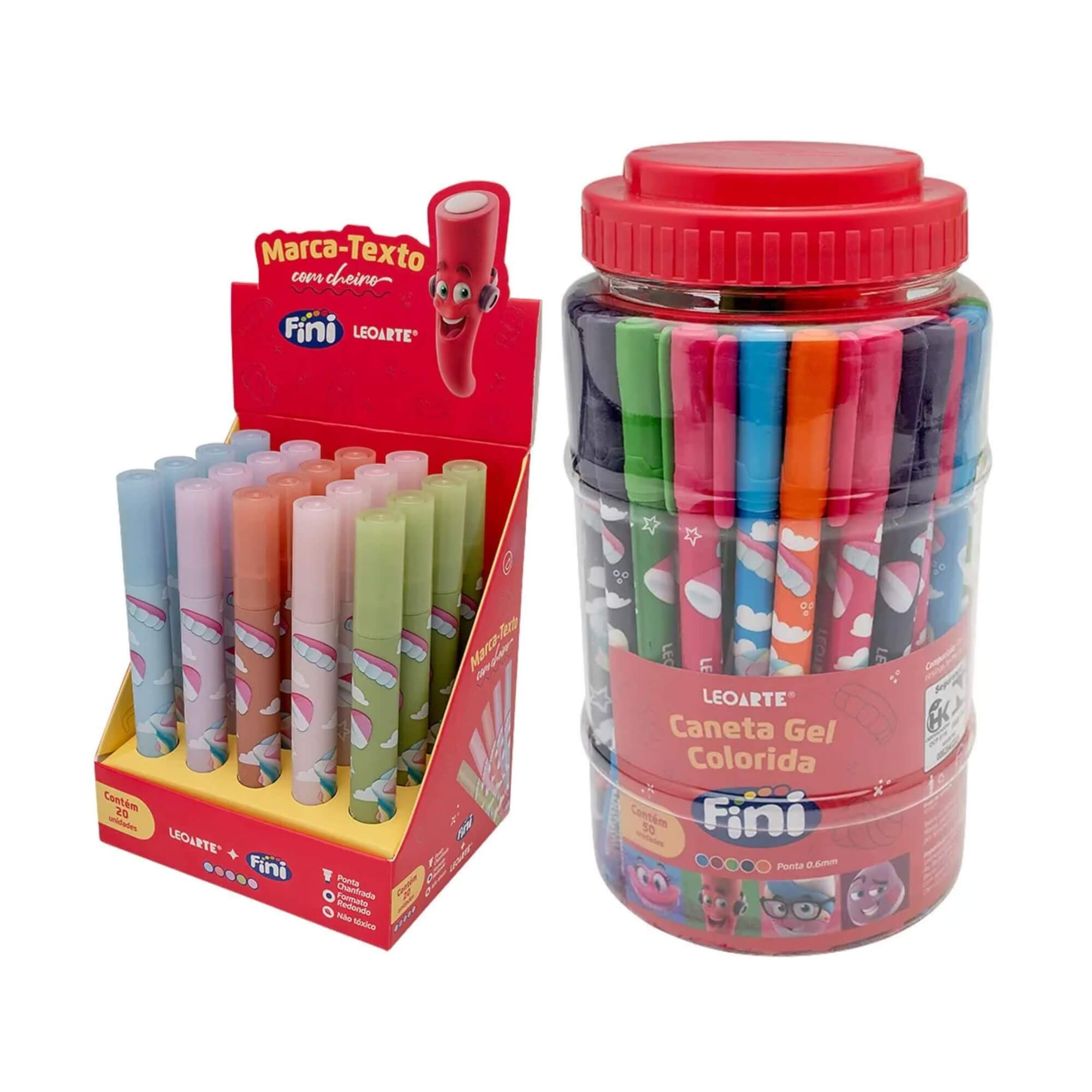 COMP Kit Papelaria Atacado Fini Marca Texto com Aroma 20 Und. + Canetas Coloridas em Gel 50 Und.