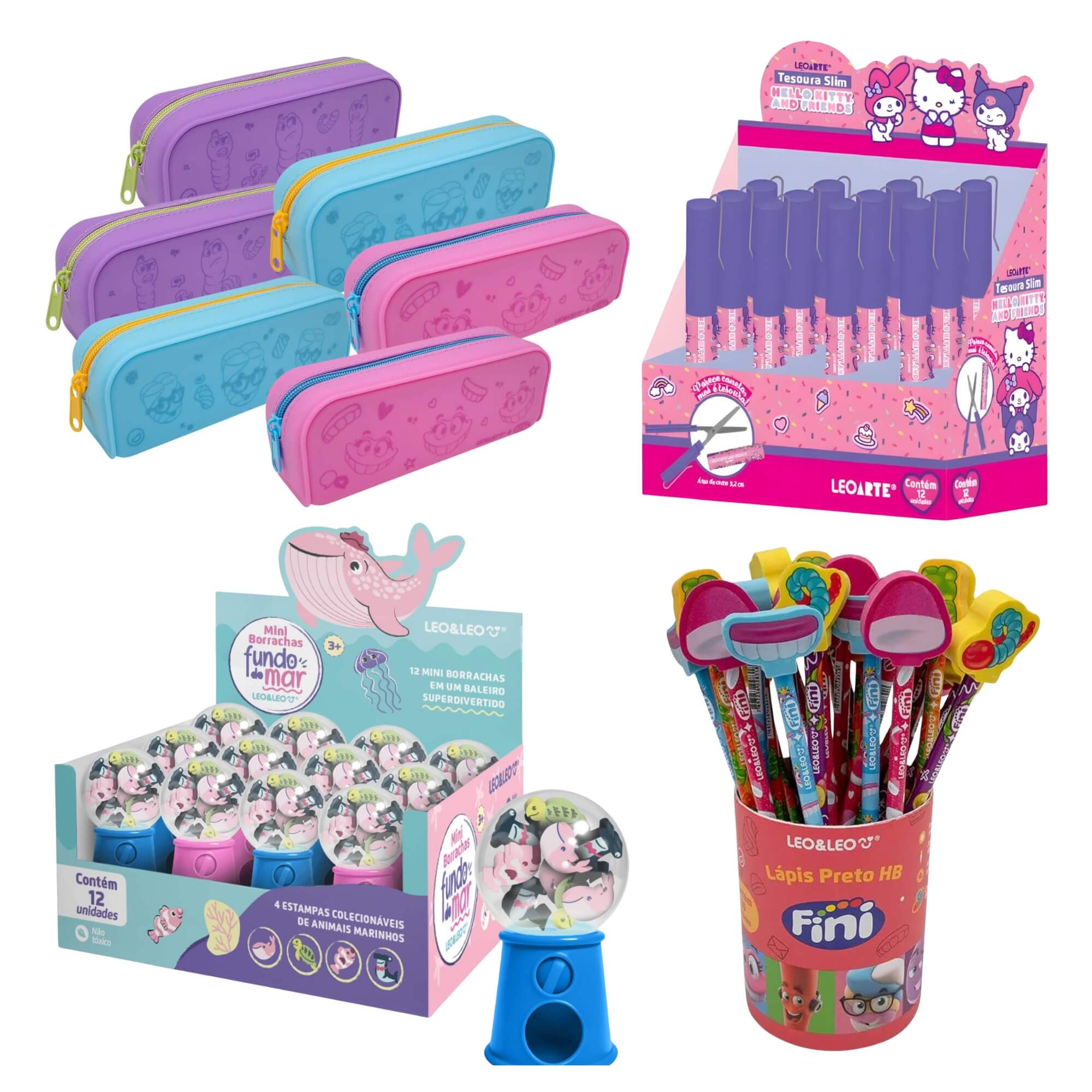 Kit Papelaria: 12 Borrachas Fundo do Mar, 6 Estojos Fini, 30 Lápis Fini, Tesoura Hello Kitty