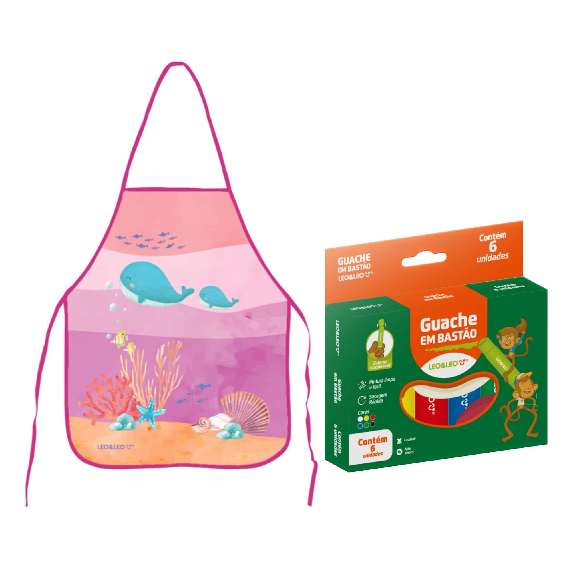 COMP Kit Avental Infantil Fundo do Mar c/ Alças Ajustáveis + Guache em Bastão Caixa C/ 6 Cores