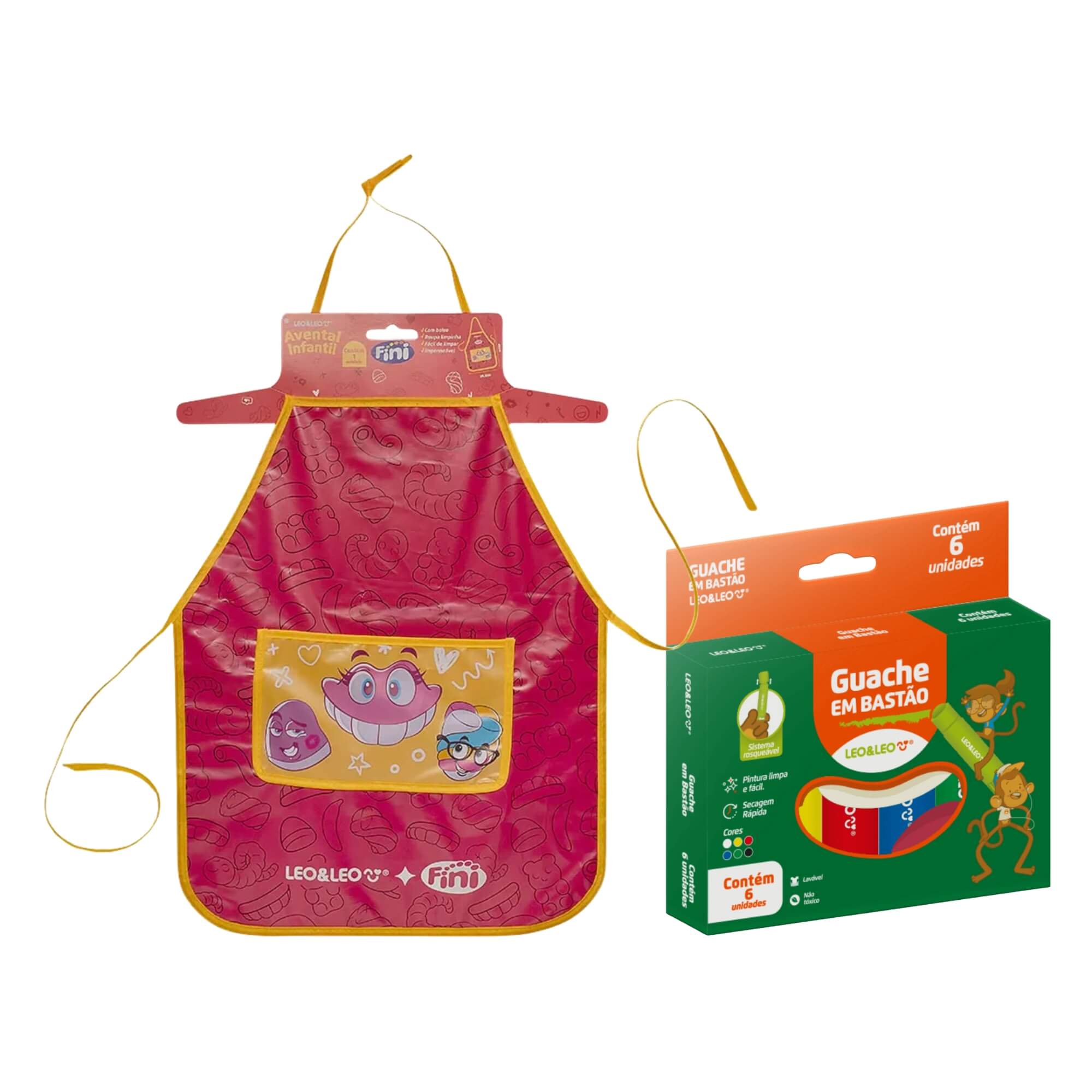 Kit Avental Infantil Impermeável com Bolso Fini + Guache em Bastão Caixa C/ 6 Cores