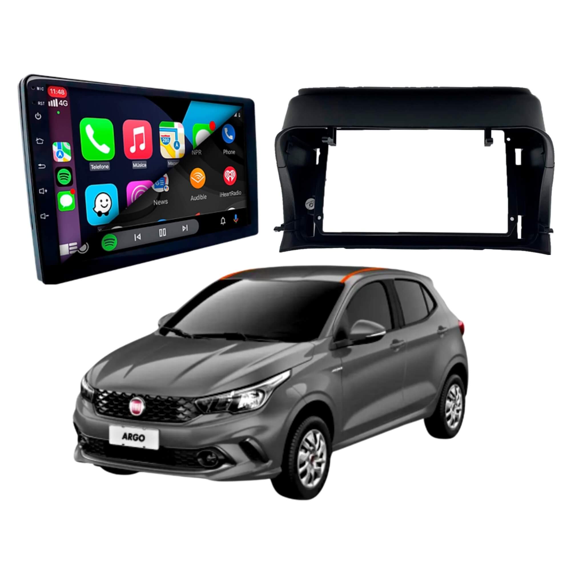 COMP Kit Multimídia Slim 9" Carplay Android USB + Moldura 9" Preta Fiat Argo A partir de 2018