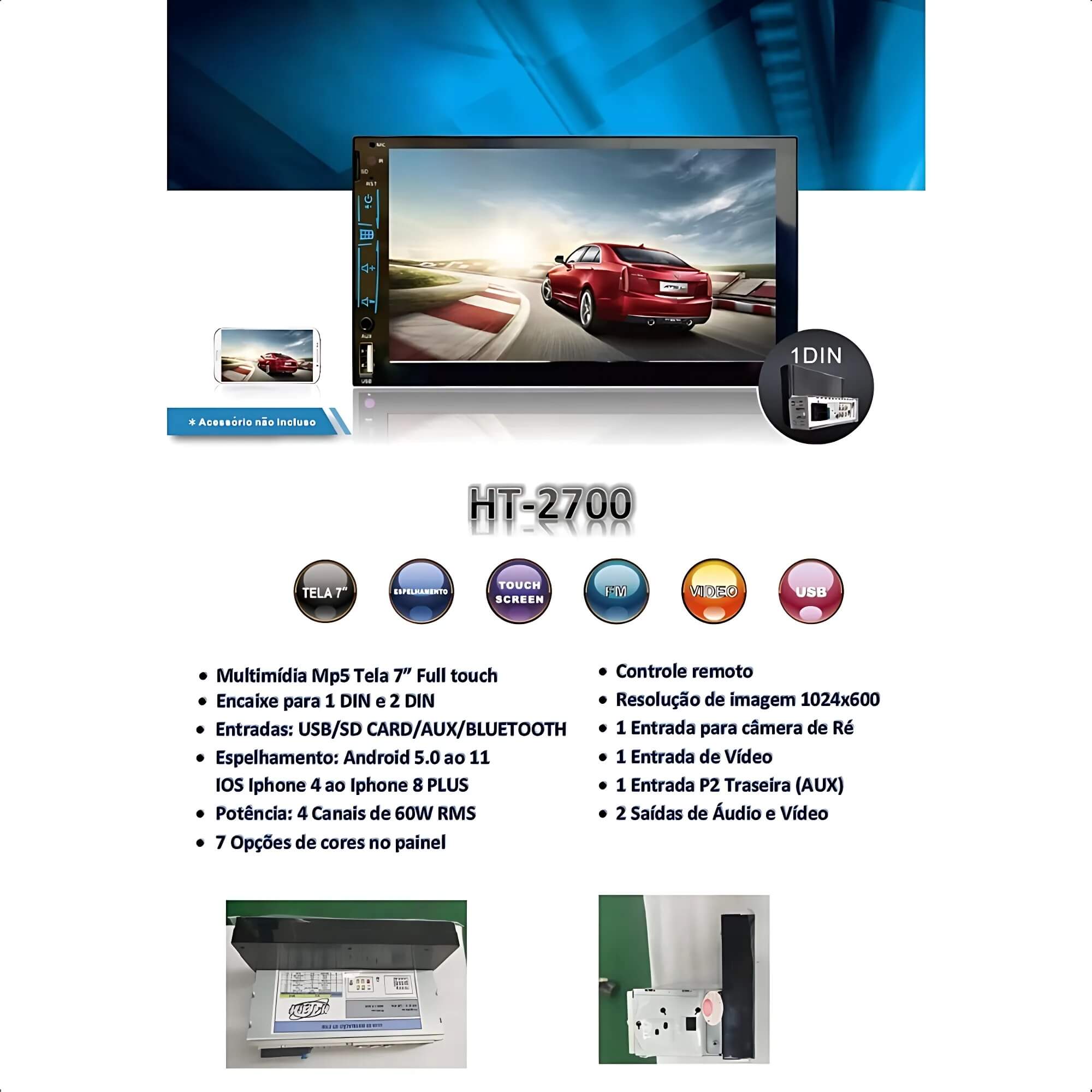 COMP Kit Multimídia MP5 7" Touch H-Tech HT-2700 + Câmera de Ré Borboleta Visão Noturna