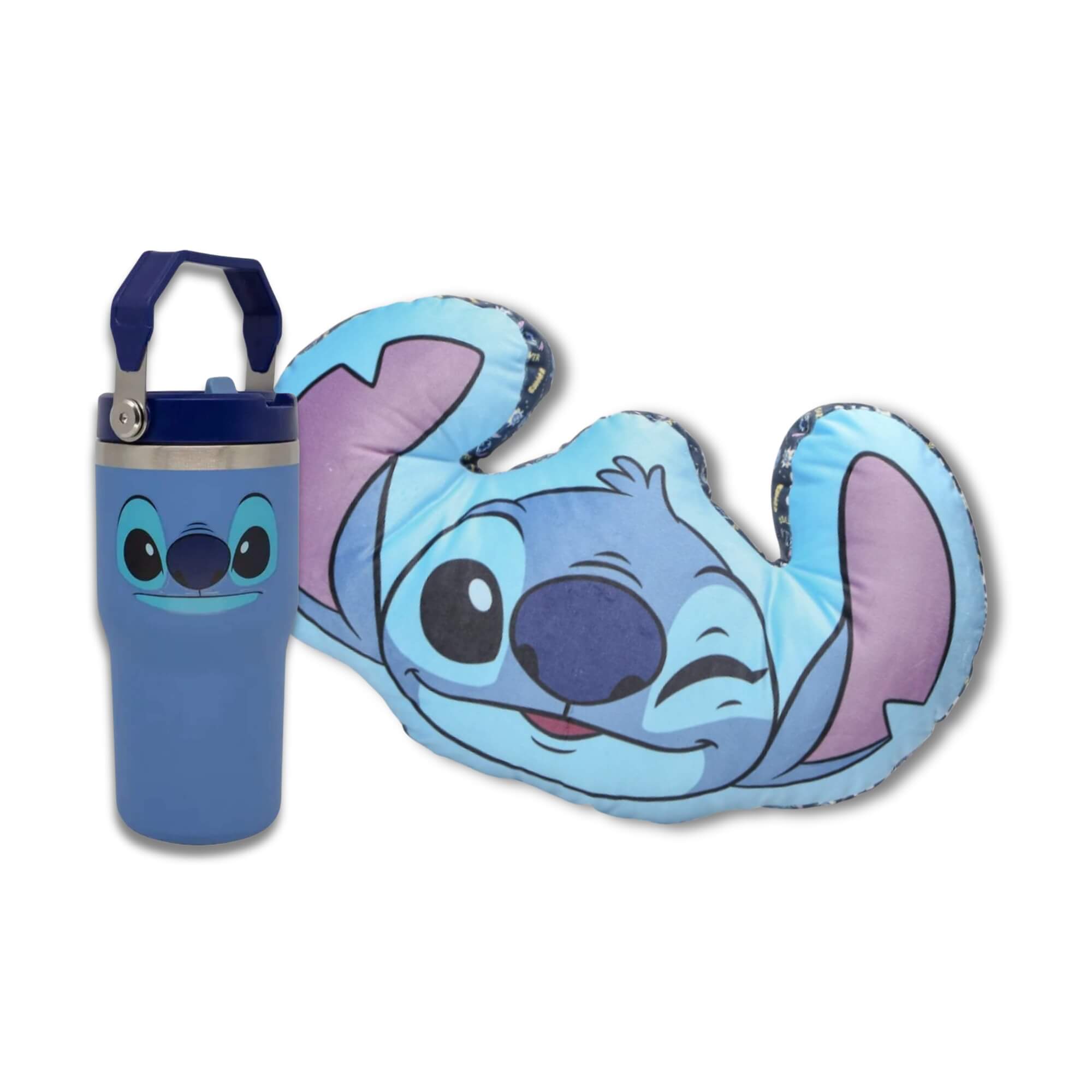 COMP Kit Stitch Descanso Almofada Formato Stitch + Copo Térmico 650ml Zona Criativa