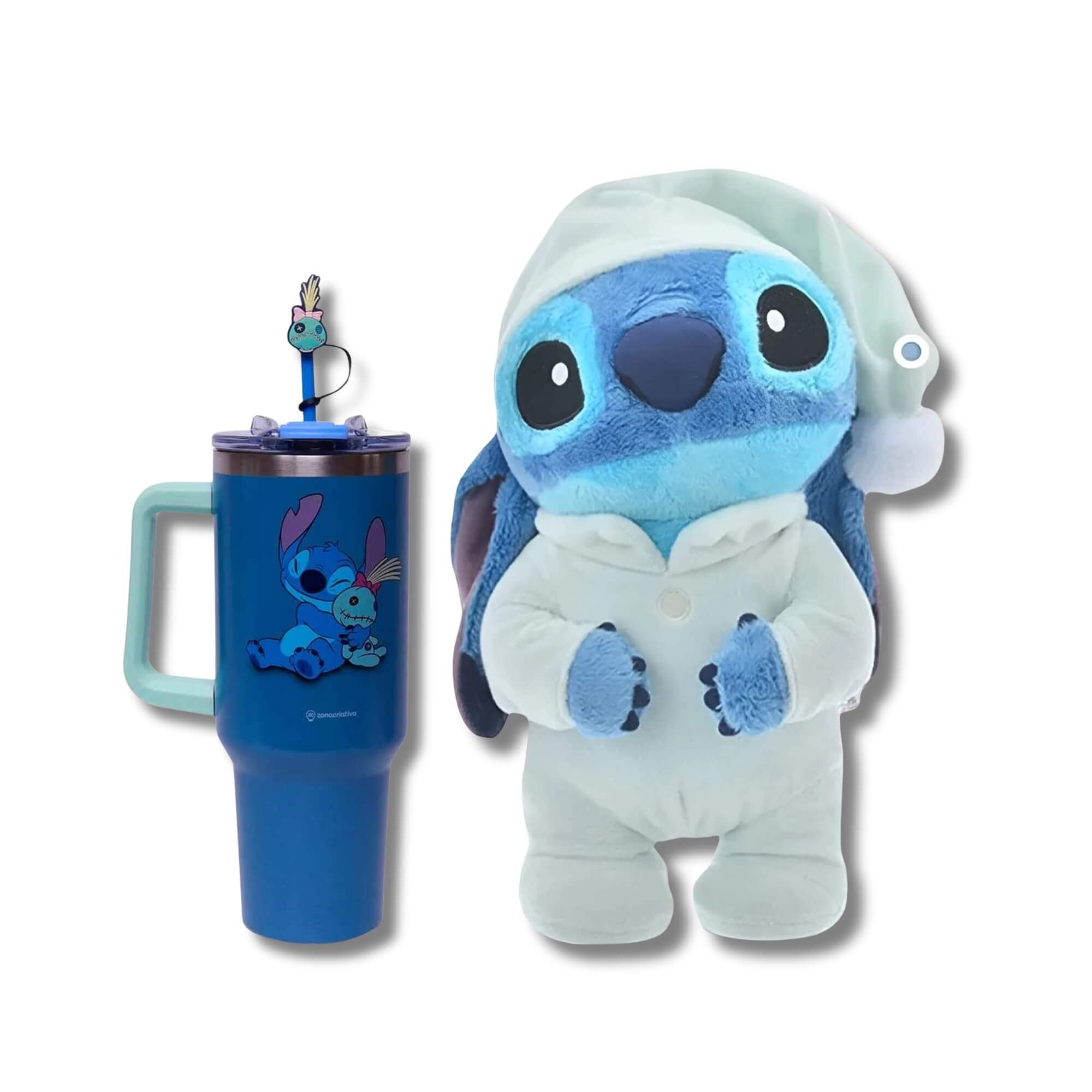 COMP Kit Stitch Aventura e Descanso Copo Térmico 1,15L + Pelúcia Sleep com Som e Movimento