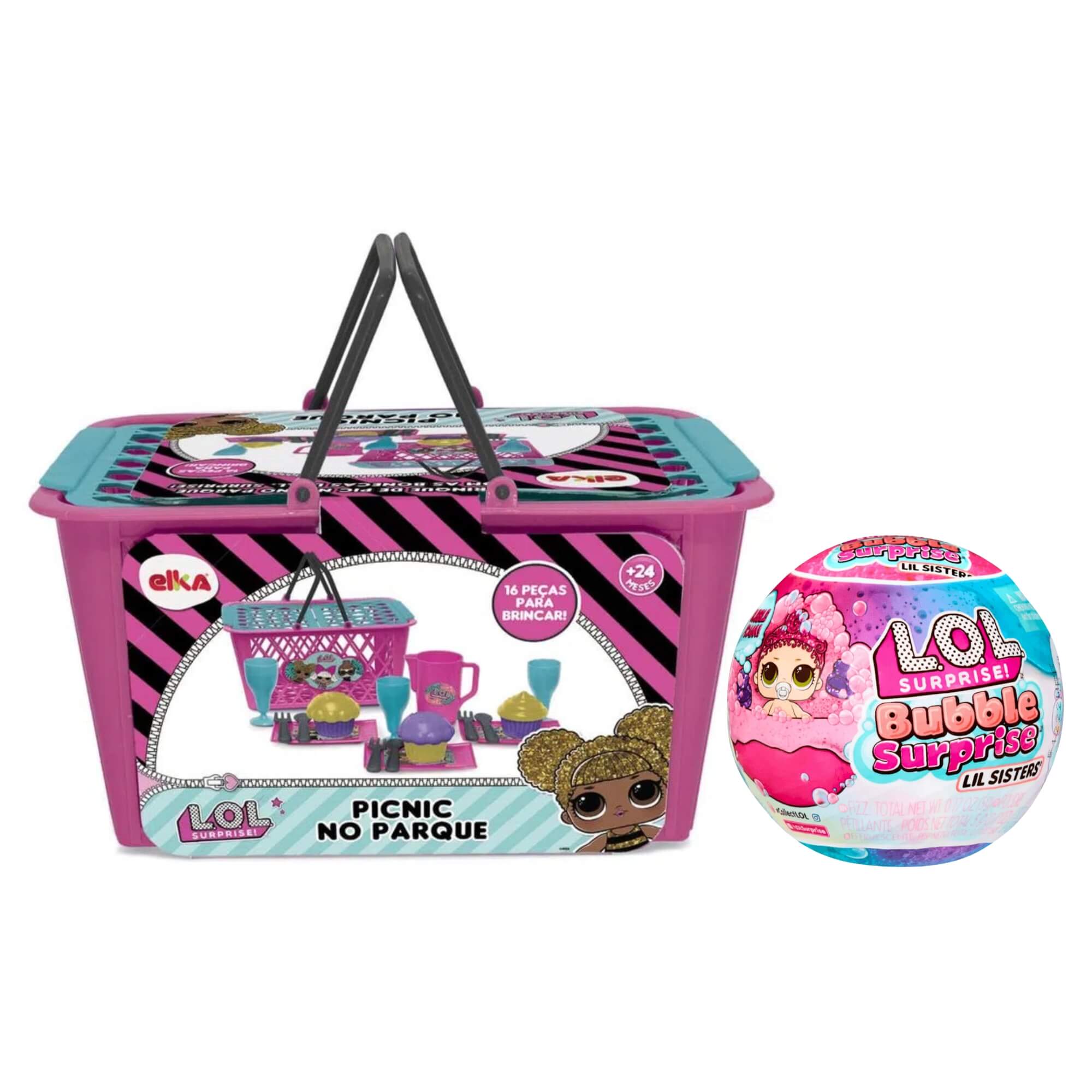 COMP Kit LOL Surprise Cesta Pic Nic 16 Peças + Boneca Bubble Surprise Lil Sisters 1 Und. Sortida