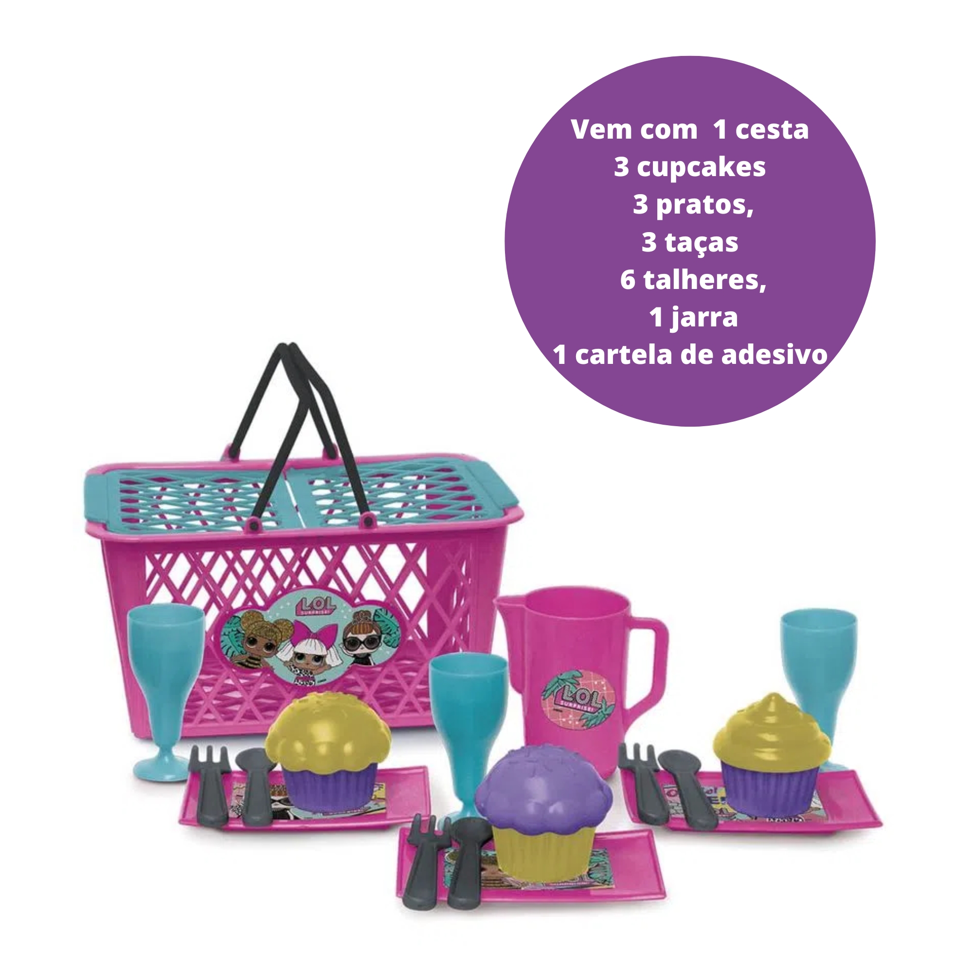 COMP Kit LOL Surprise Cesta Pic Nic 16 Peças + Boneca Bubble Surprise Lil Sisters 1 Und. Sortida