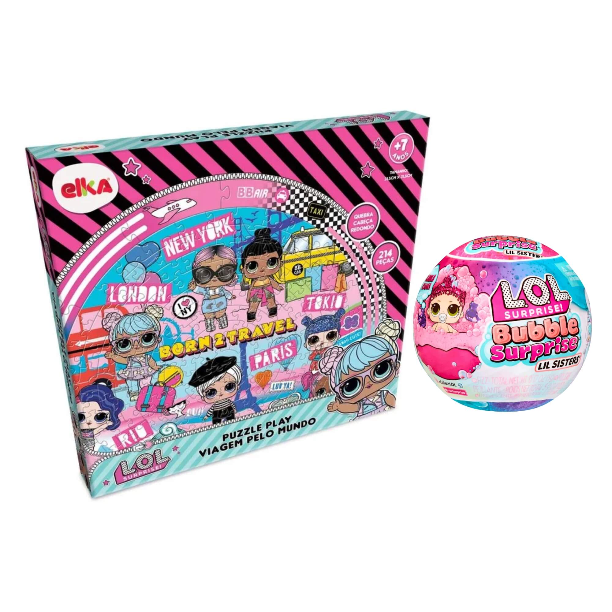COMP Kit LOL Surprise Viagem pelo Mundo 214 Peças + 1 Boneca Bubble Surprise Lil Sisters Sortida