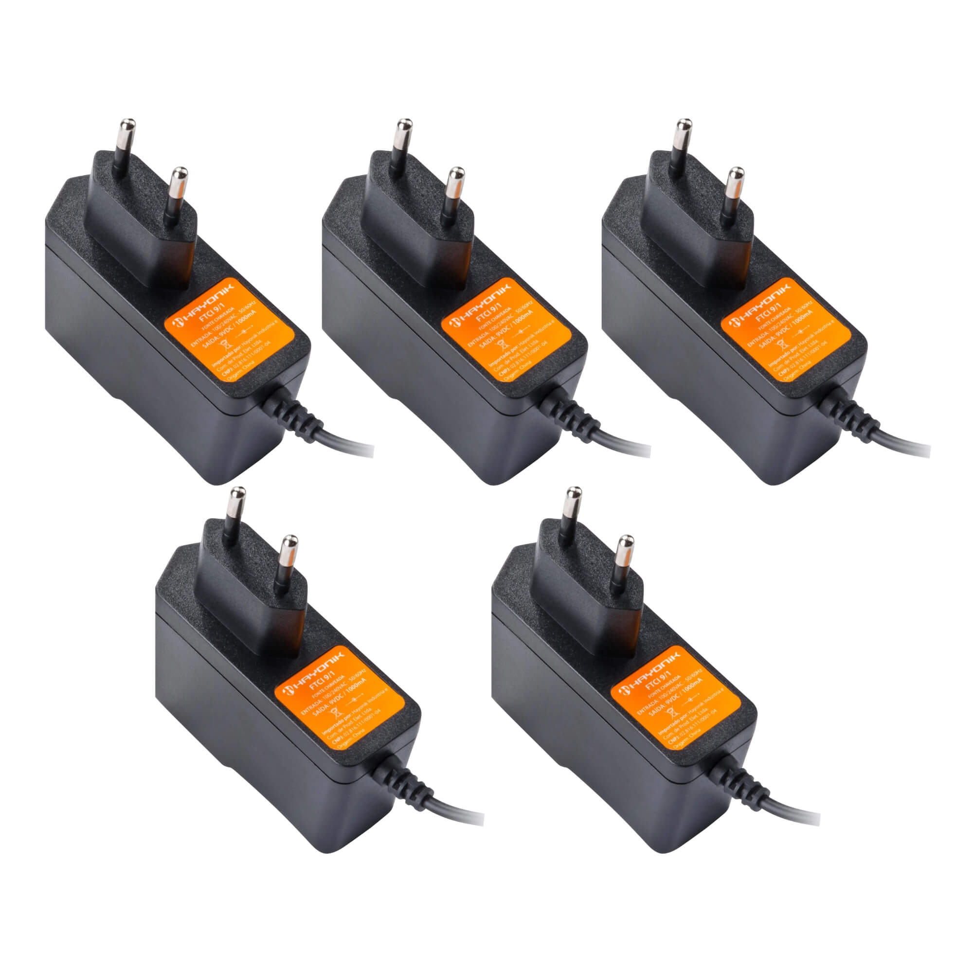 Kit com 5x Fontes Chaveadas 9VDC 1A 9W P4 C+ FTCI 9/1 Bivolt Hayonik