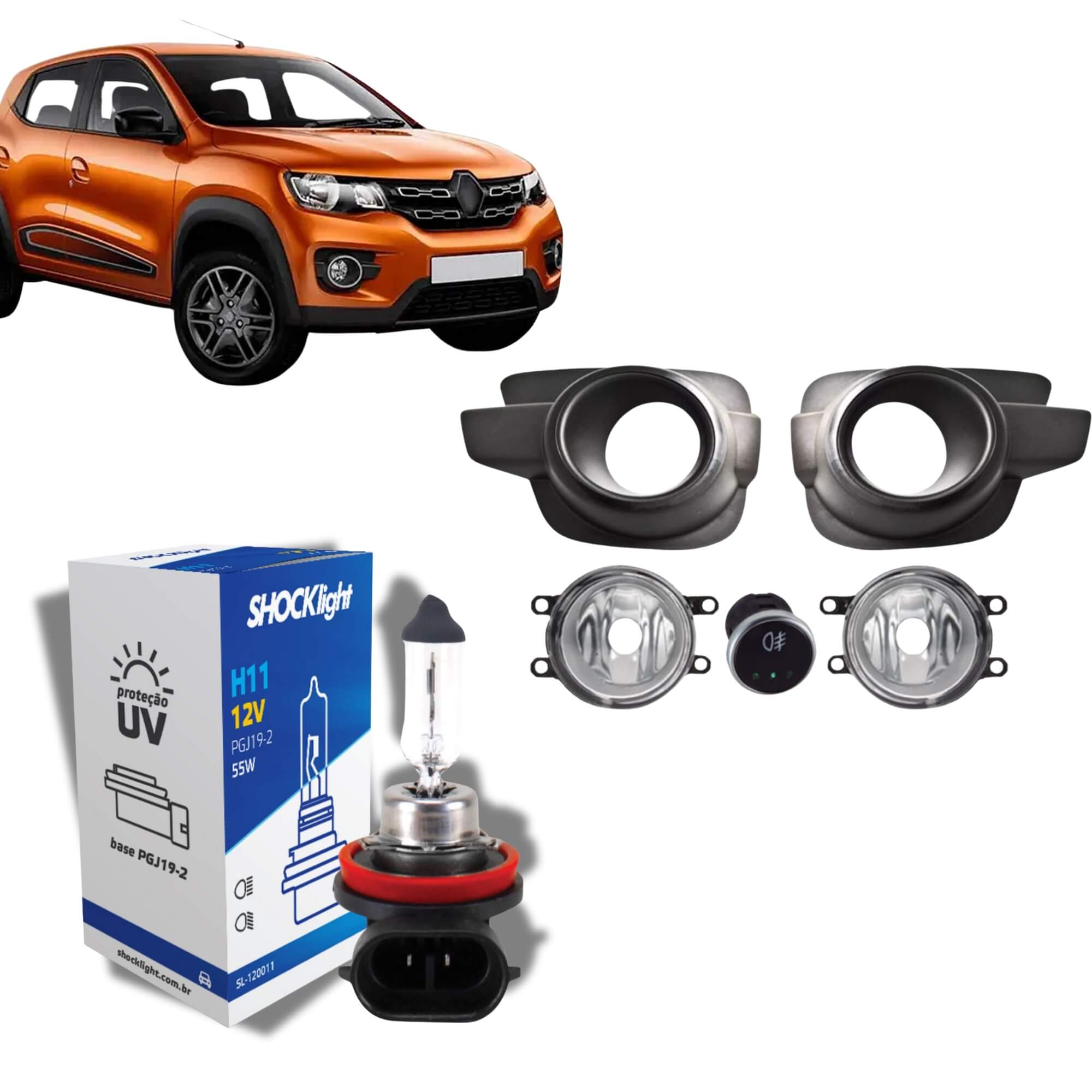 COMP Kit Farol Auxiliar Kwid 2017 a 2024 Black Piano Shocklight + Lâmpada H11 55W