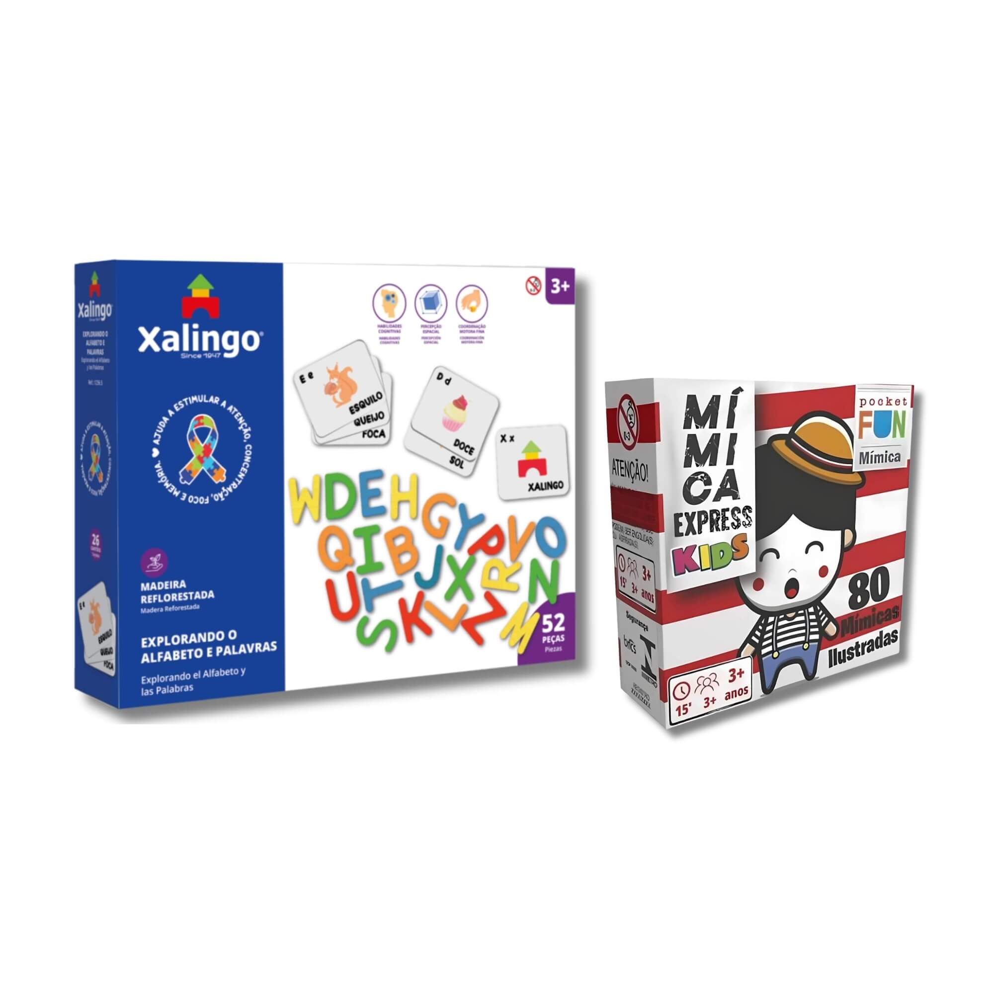 COMP Kit Jogo Educativo Infantil: Mímica Express Kids Cooper Fun + Explorando o Alfabeto Xalingo