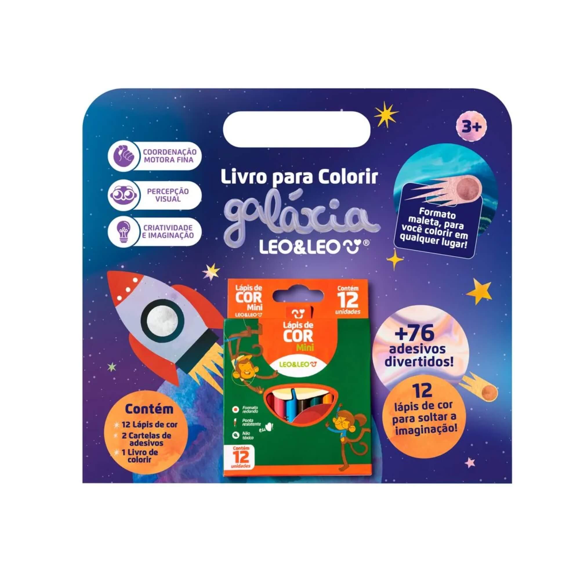 VAR Livro Para Colorir Pedagógico com Adesivos e Lápis Leo&Leo (Escolha o Tema) Tema:Livro Para Colorir Galáxia