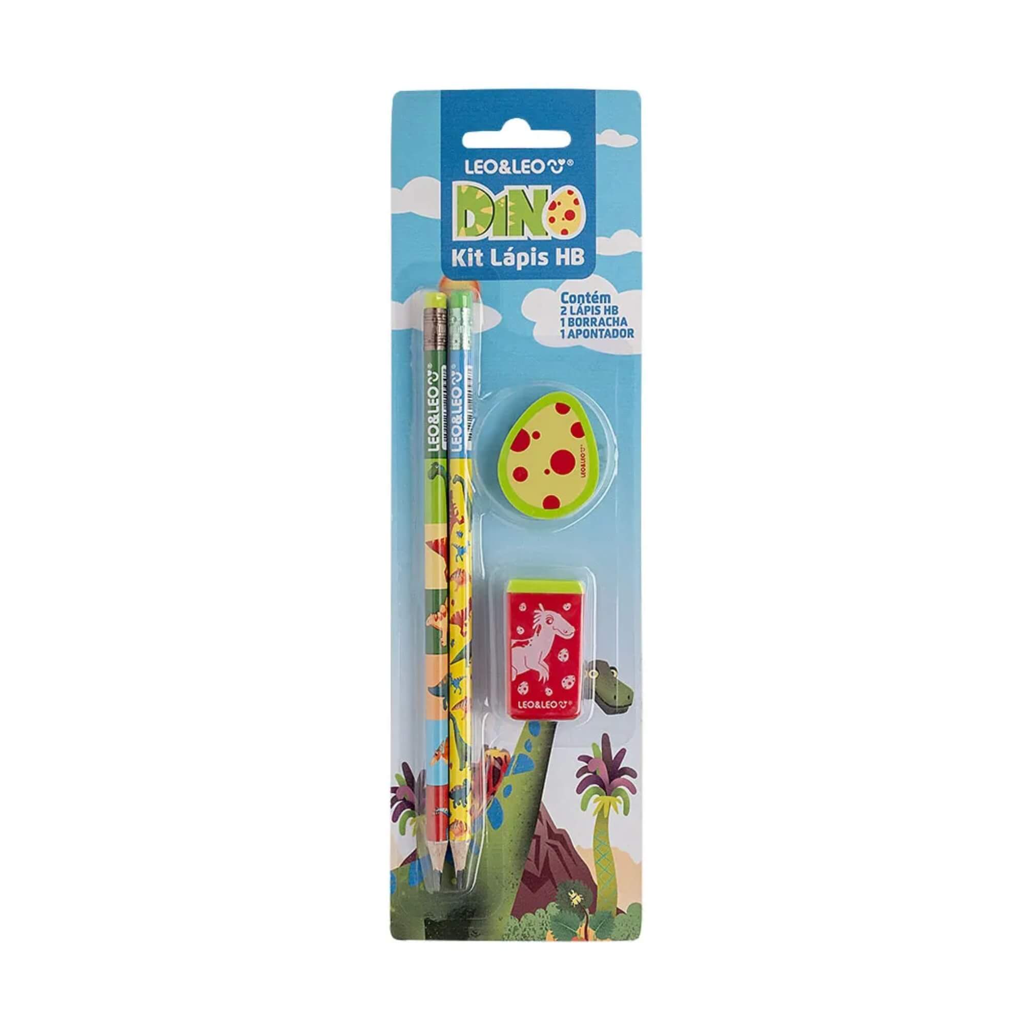 VAR Kit Lápis HB Leo&Leo com Apontador e Borracha – Escolha Tema:Dino