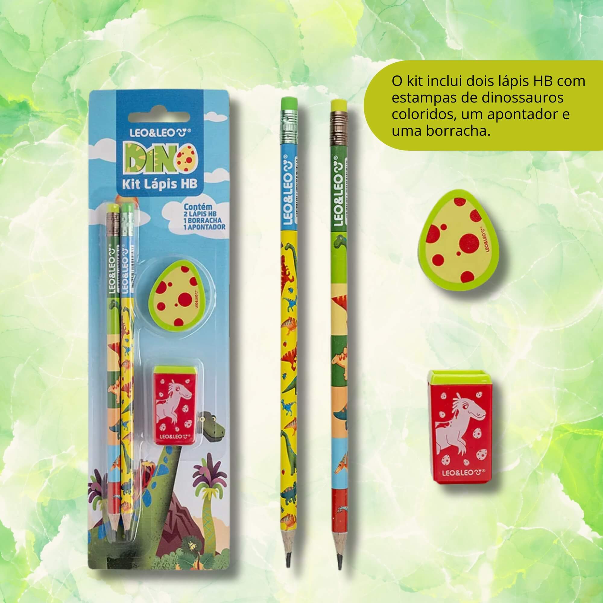 VAR Kit Lápis HB Leo&Leo com Apontador e Borracha – Escolha Tema:Dino