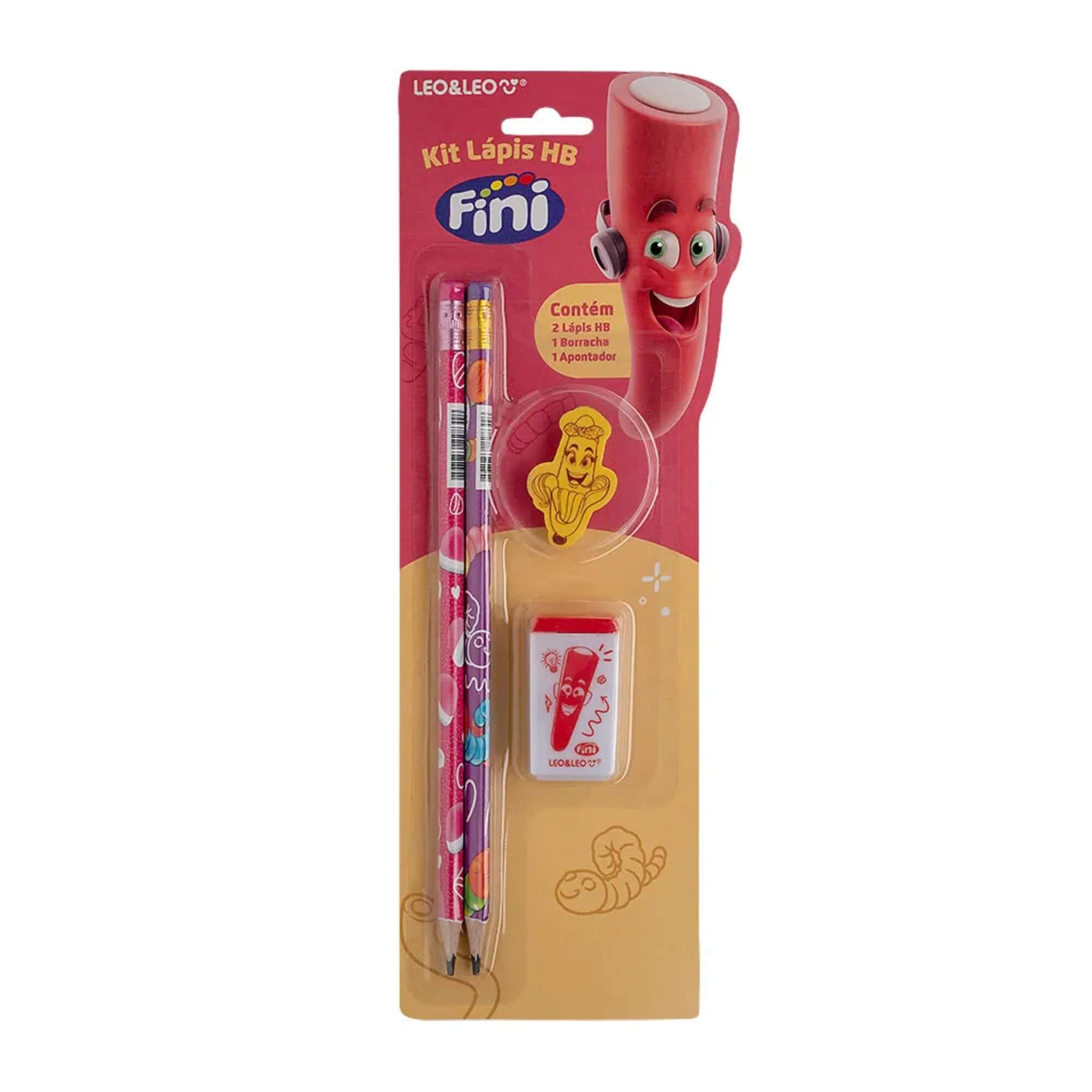 VAR Kit Lápis HB Leo&Leo com Apontador e Borracha – Escolha Tema:Fini