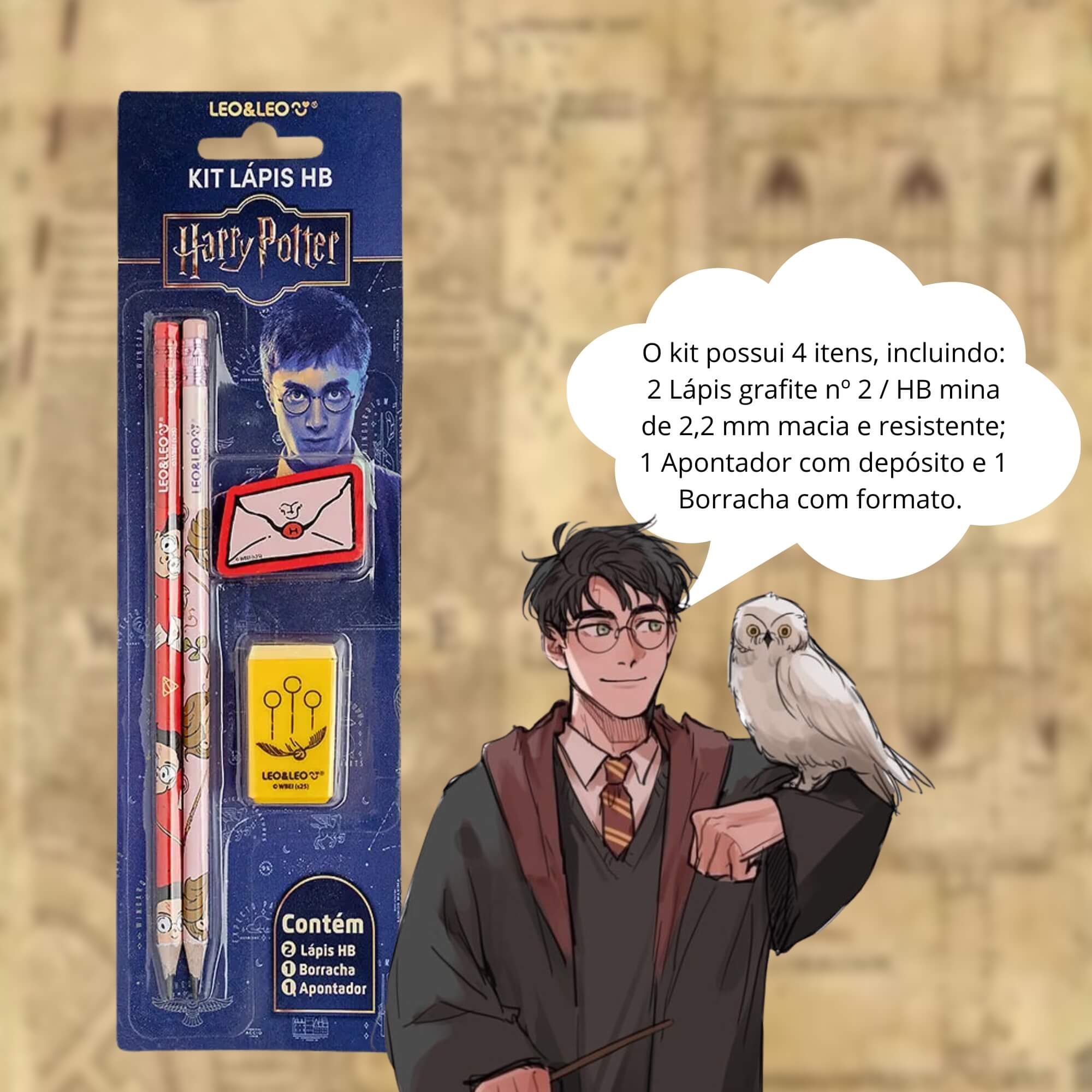 VAR Kit Lápis HB Leo&Leo com Apontador e Borracha – Escolha Tema:Harry Potter