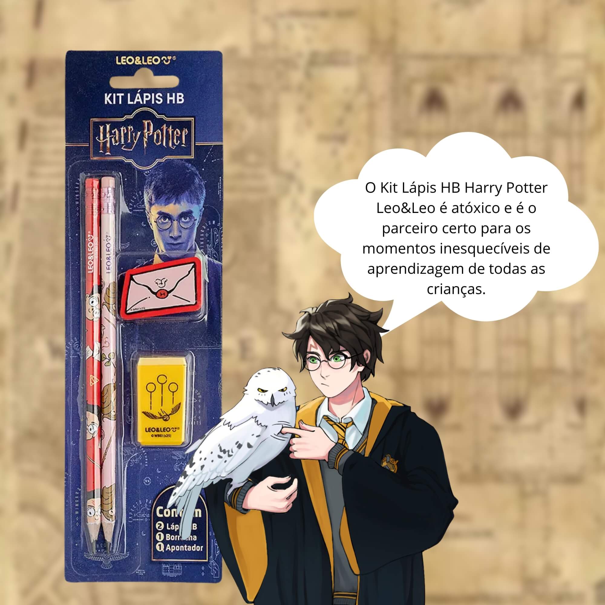 VAR Kit Lápis HB Leo&Leo com Apontador e Borracha – Escolha Tema:Harry Potter