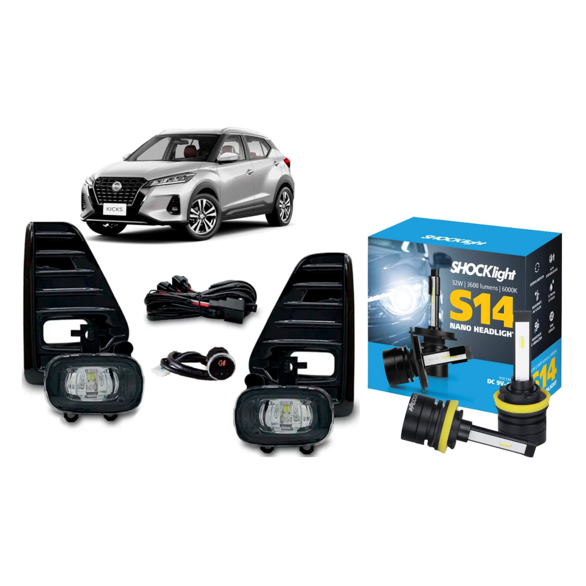 COMP Kit Farol de Milha Kicks 2021 a 2024 + Par de Lâmpadas LED H8/H9/H11/H16
