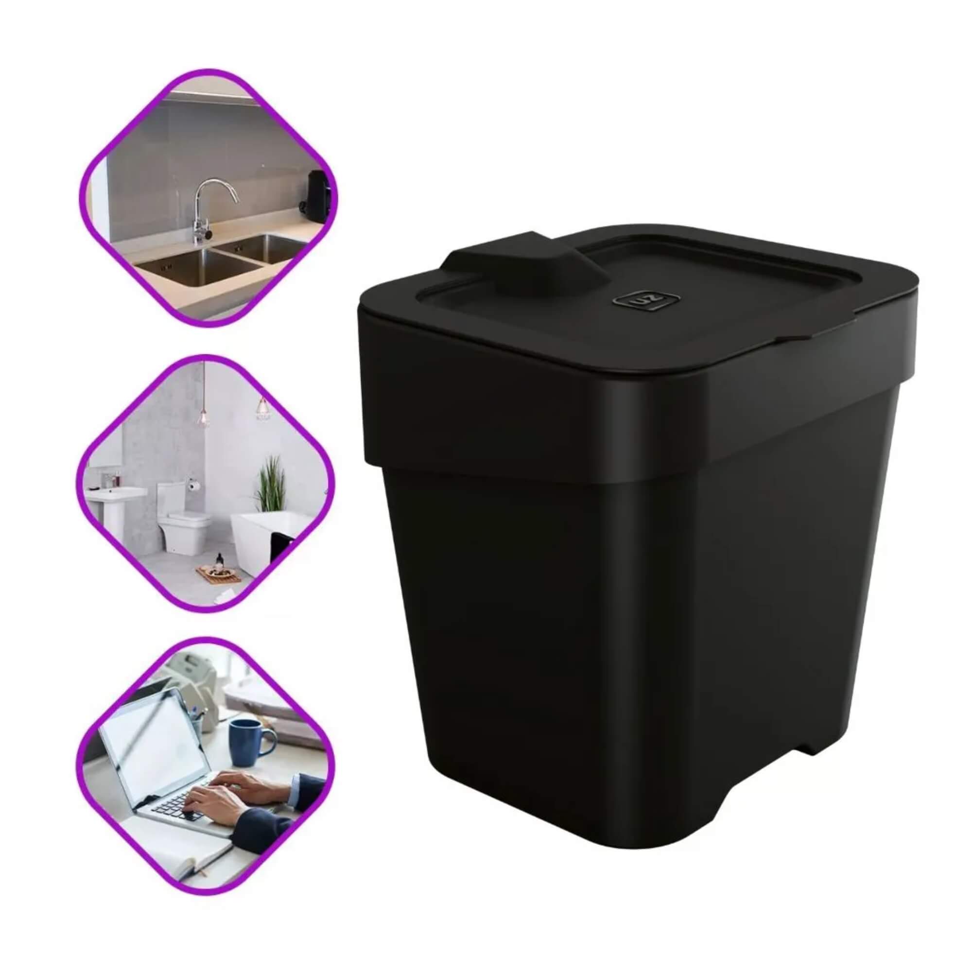 COMP Kit Cozinha Slim Preto UZ: Lixeira de Pia, Escorredor de Louça e Dispenser de Detergente
