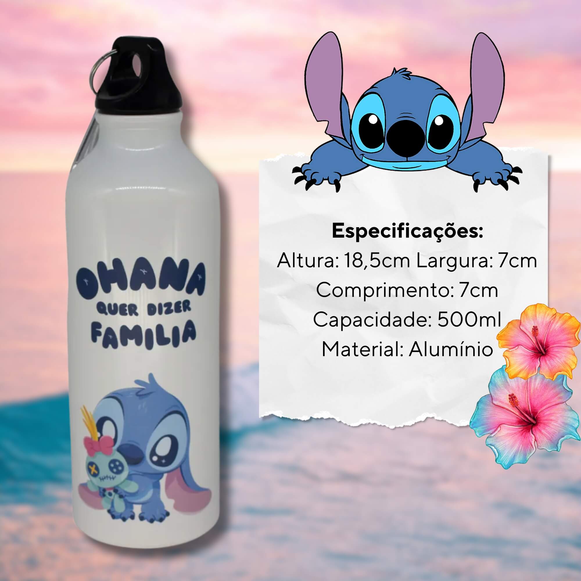 VAR Garrafa de Alumínio Personagens com Mosquetão 500ml Zona Criativa (Escolha) Modelo/Personagem:Stitch Cute