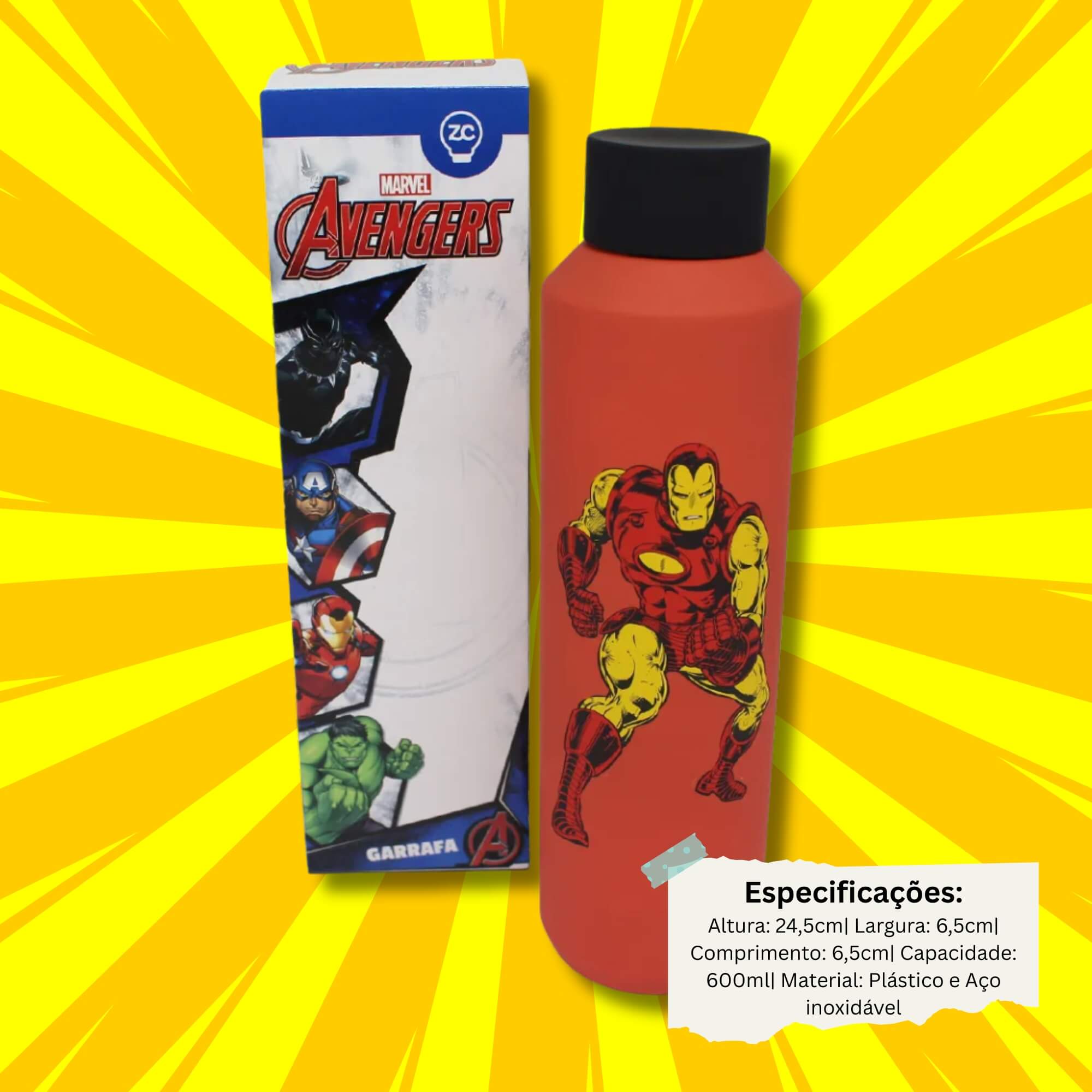 VAR Garrafa Acqua 600ml Aço Inox Zona Criativa (Escolha) Modelo:Homem de Ferro