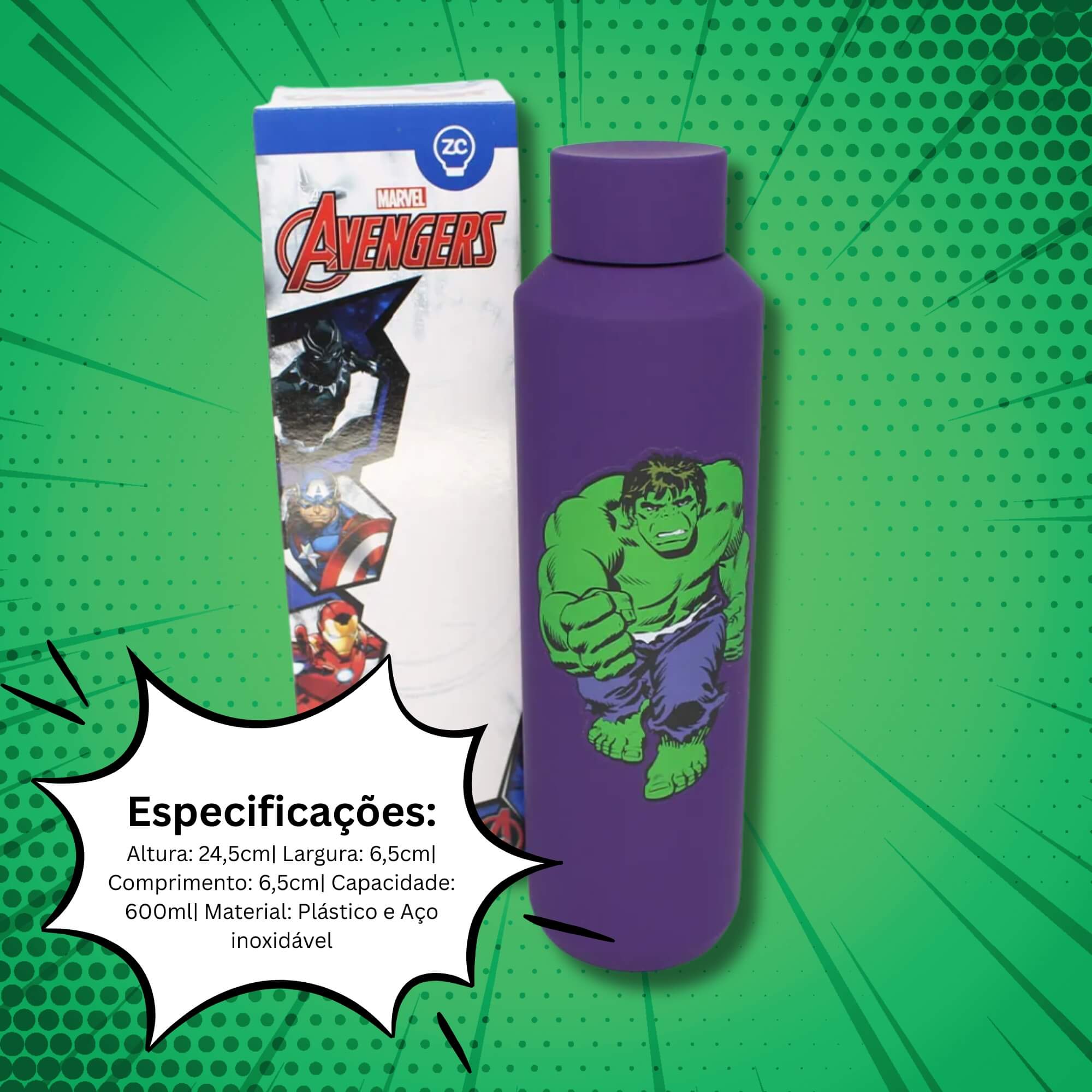 VAR Garrafa Acqua 600ml Aço Inox Zona Criativa (Escolha) Modelo:Hulk