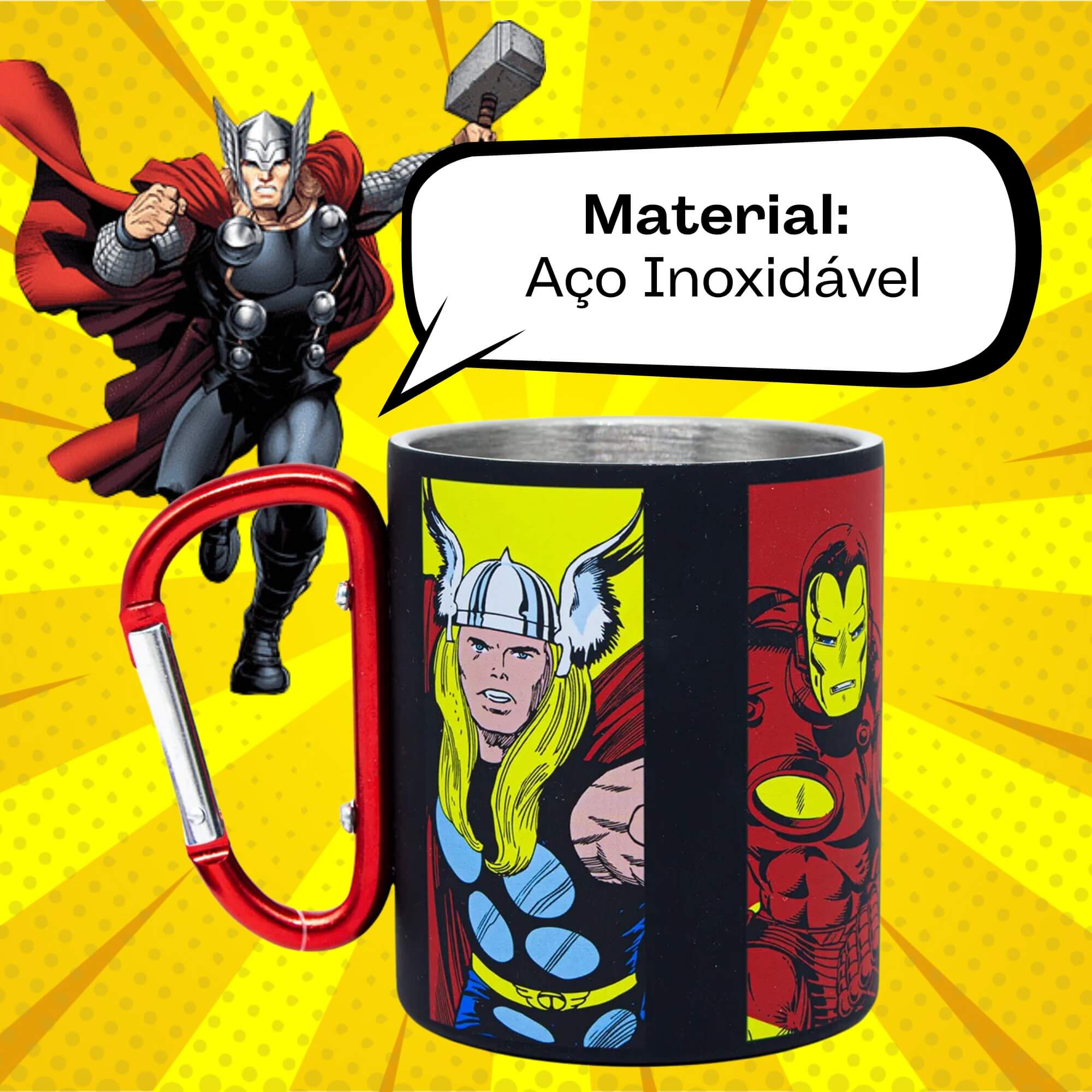 VAR Caneca Mosquetão 300ml Aço Inox – Escolha seu Tema Tema:Marvel Comics