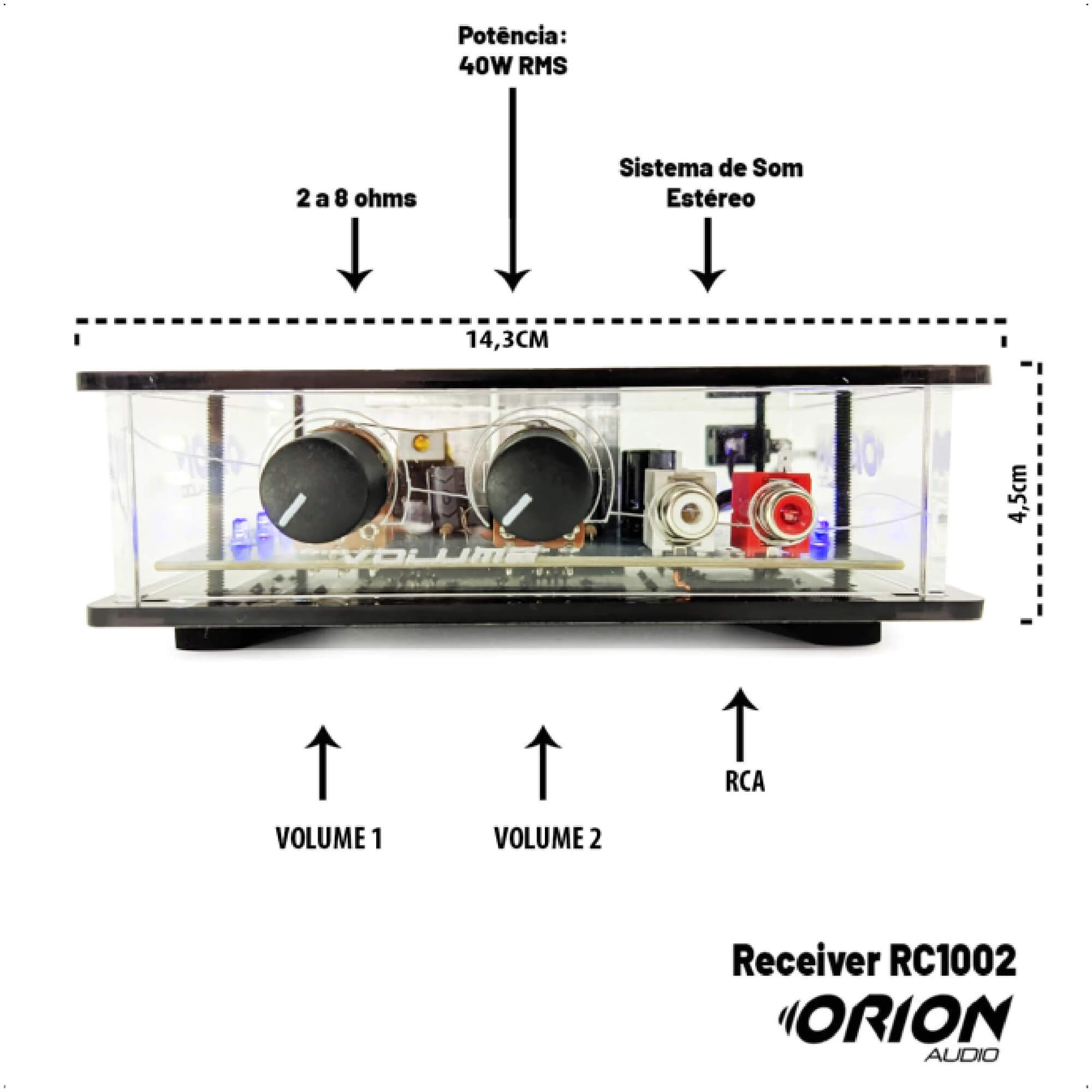COMP Kit Som Ambiente: 2 Arandelas Quadradas 6" Orion 55W + Mini Amplificador Estéreo