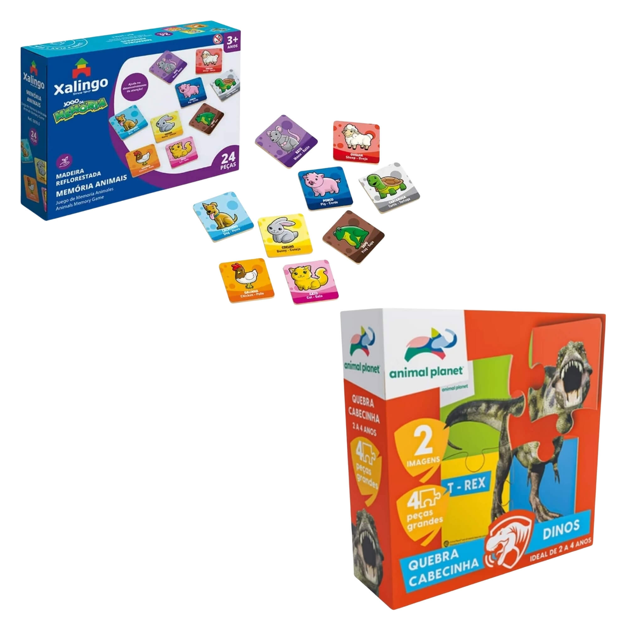 COMP Brinquedos Educativos Infantis: Jogo da Memória Animais 24 Peças + Quebra-Cabecinha Dinos