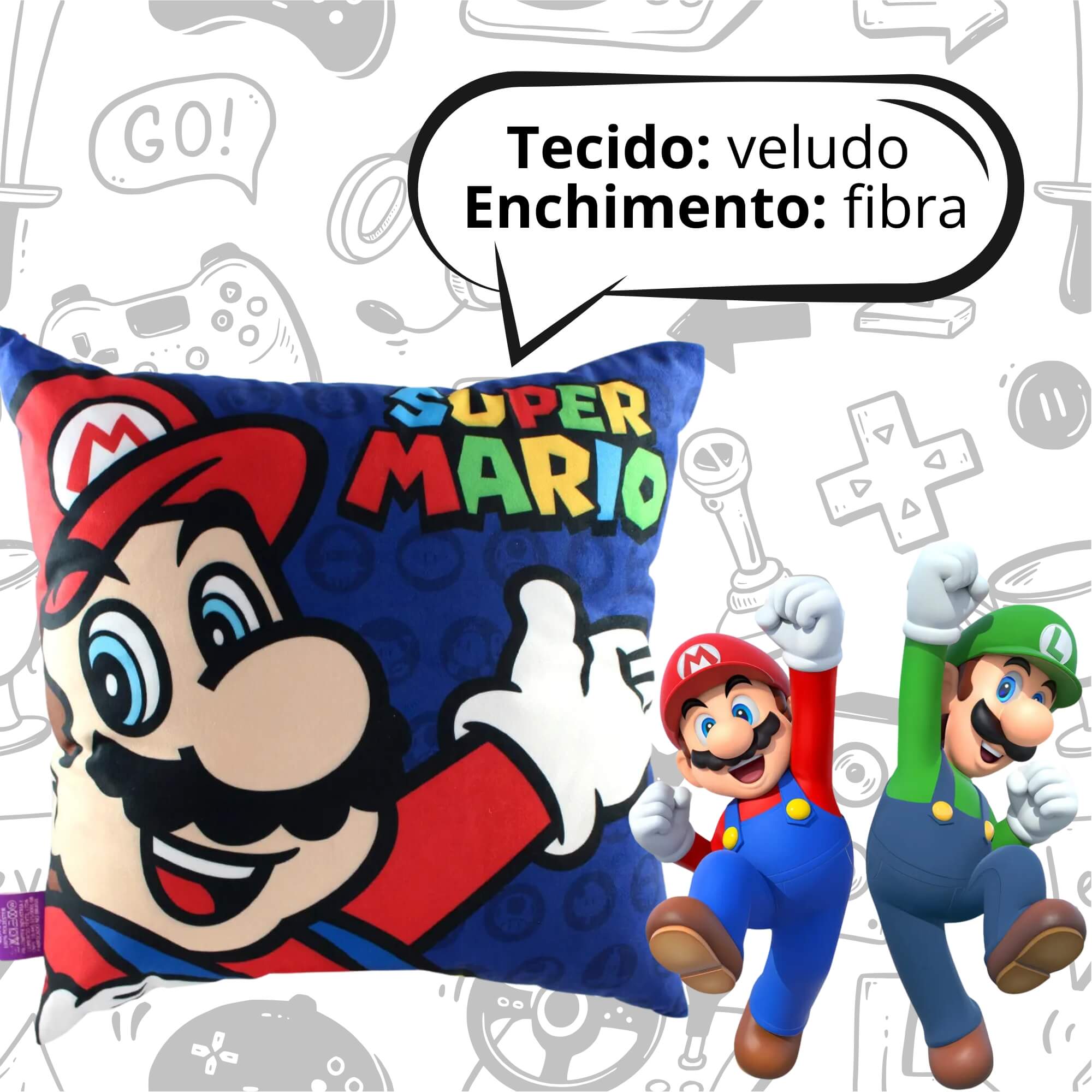 VAR Almofada Decorativa 40x40cm – Personagens Zona Criativa (Escolha o Tema) Tema:Mario e Luigi Super Mario Veludo