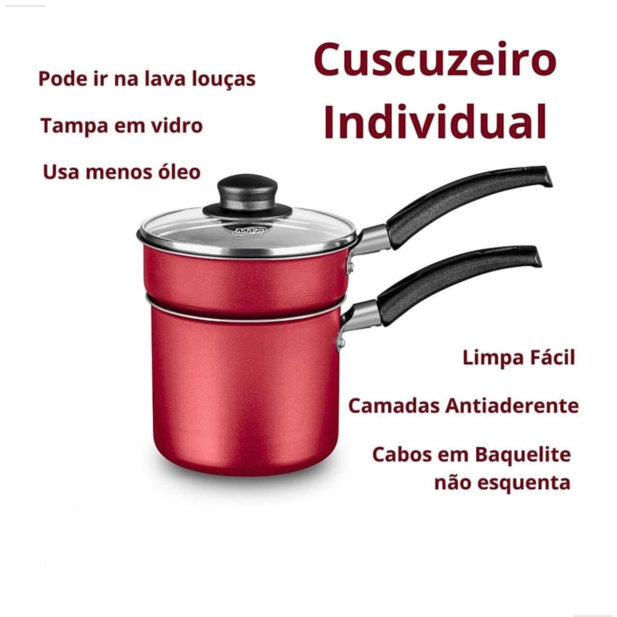 VAR Cuscuzeira Antiaderente 12cm 2 em 1 com Tampa de Vidro (Escolha)