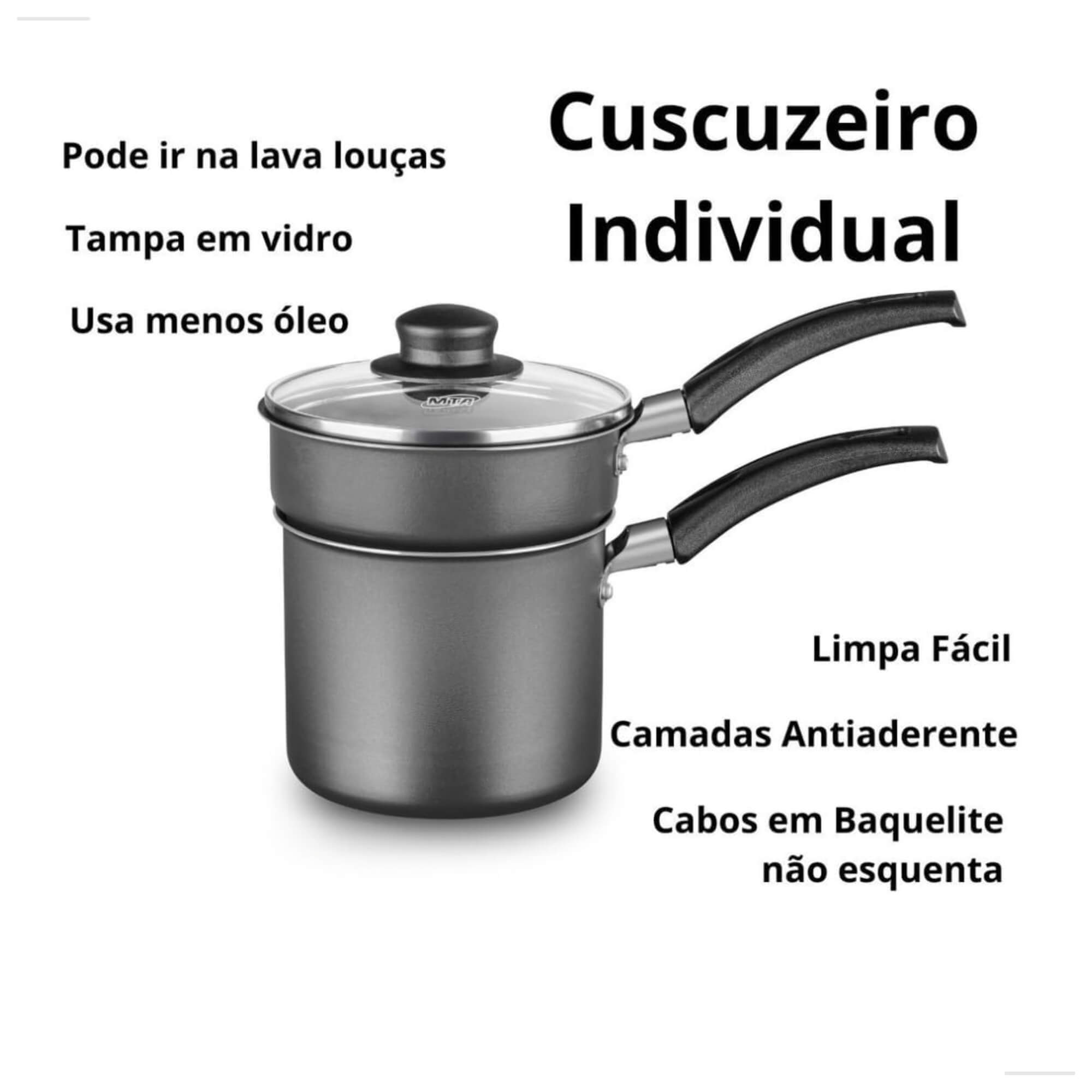 VAR Cuscuzeira Antiaderente 12cm 2 em 1 com Tampa de Vidro (Escolha) Cor:Grafite