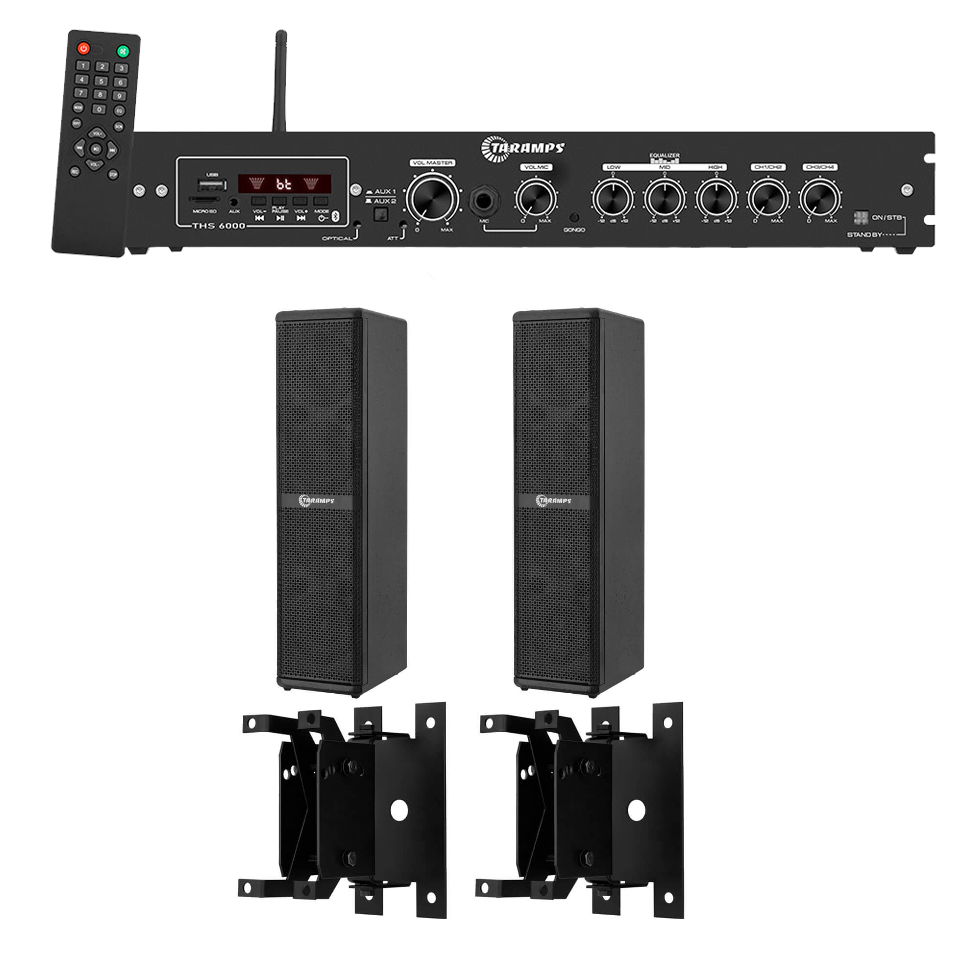 COMP Kit Amplificador Receiver 400W RMS + 2 Caixas de Som Passiva 4" 200W + 2 Suportes de Fixação