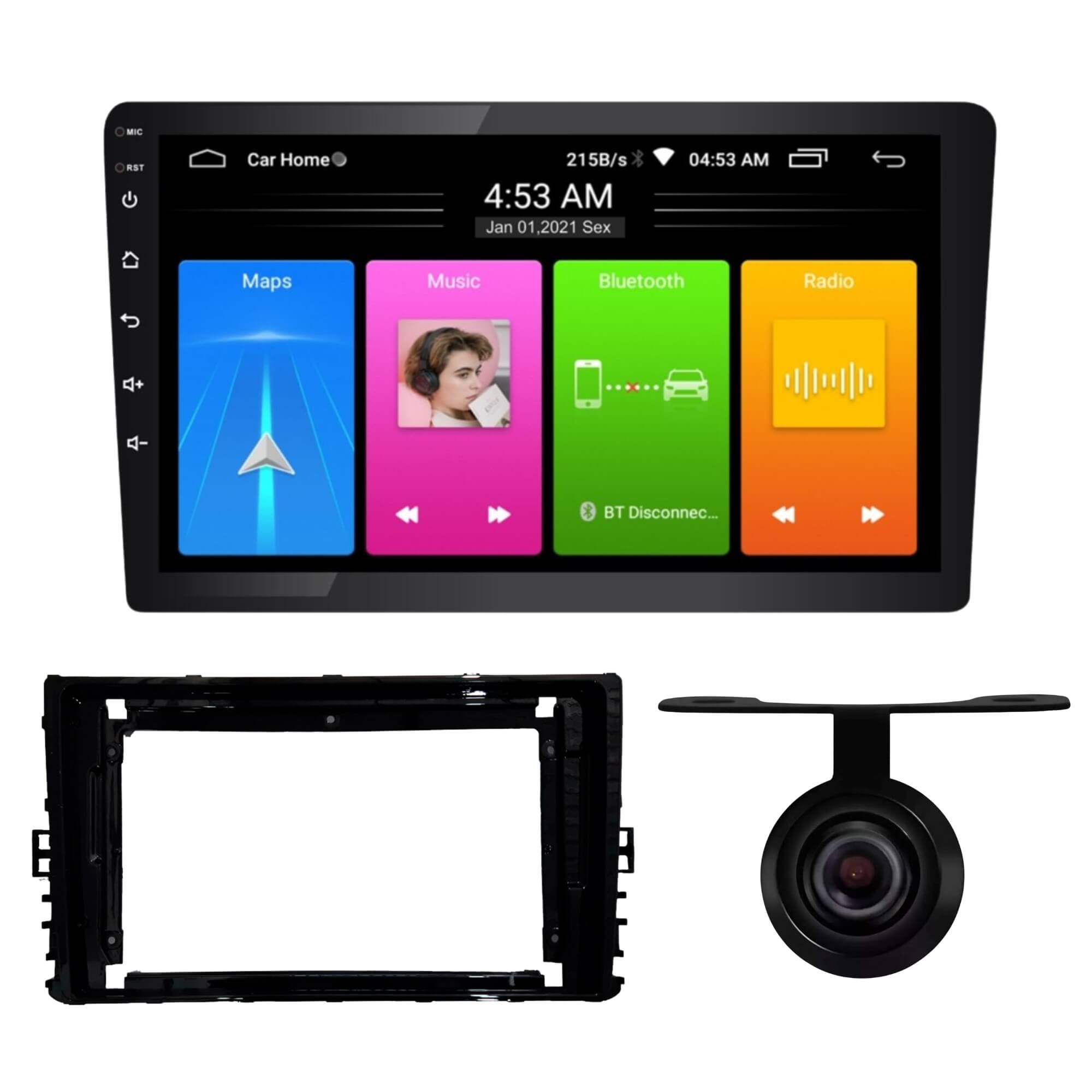 COMP Kit Automotivo Multimídia Android 9” Roadstar +  Moldura 2Din 9” Expex + Câmera Ré Borboleta