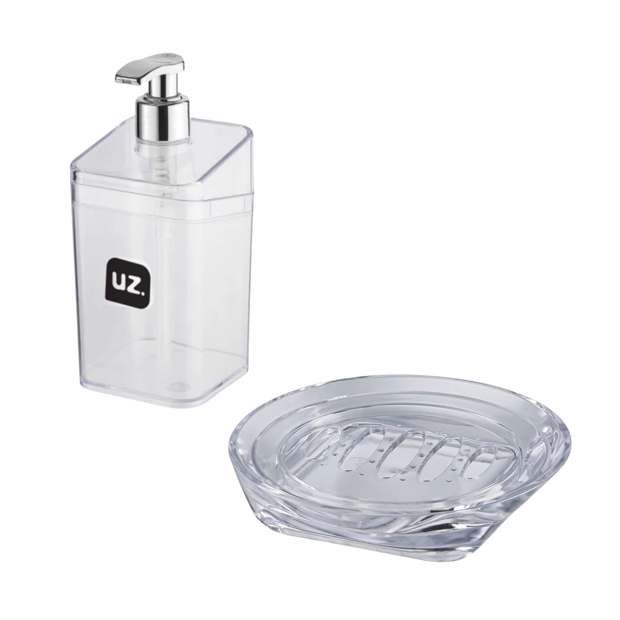 COMP Kit Banheiro Translúcido UZ: Saboneteira Premium + Porta Sabonete Líquido Slim