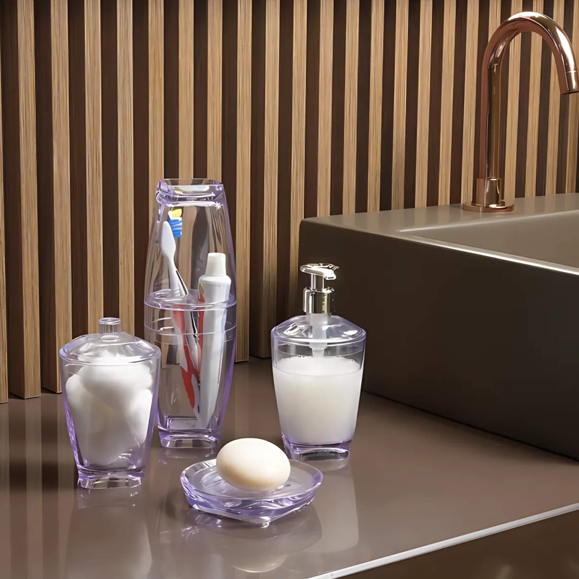 COMP Kit Banheiro Translúcido UZ: Saboneteira Premium + Porta Sabonete Líquido Slim