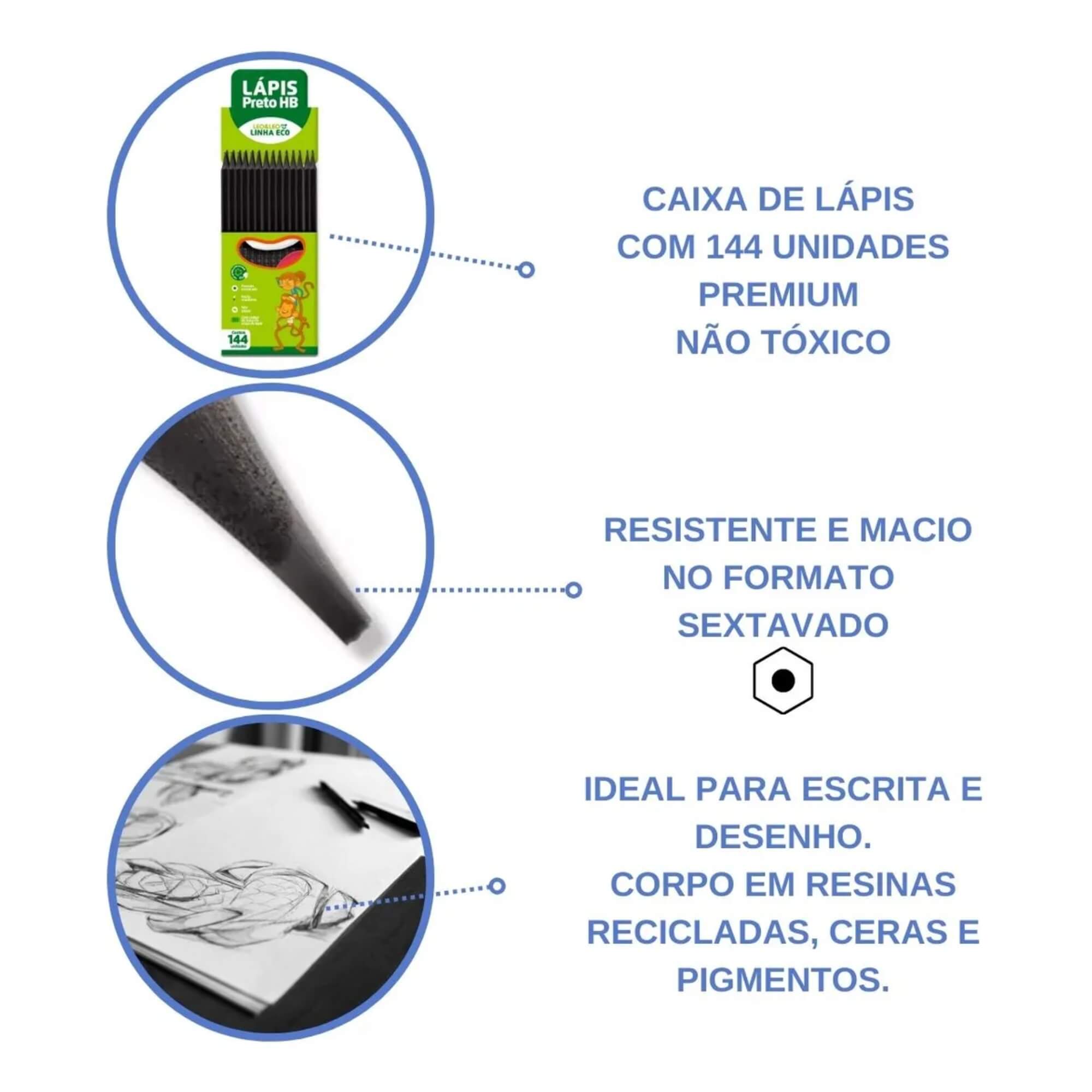 Lápis Grafite Hb Ecológico Sextavado (Caixa com 144 Unidades) Leo&Leo Leonora - 4223