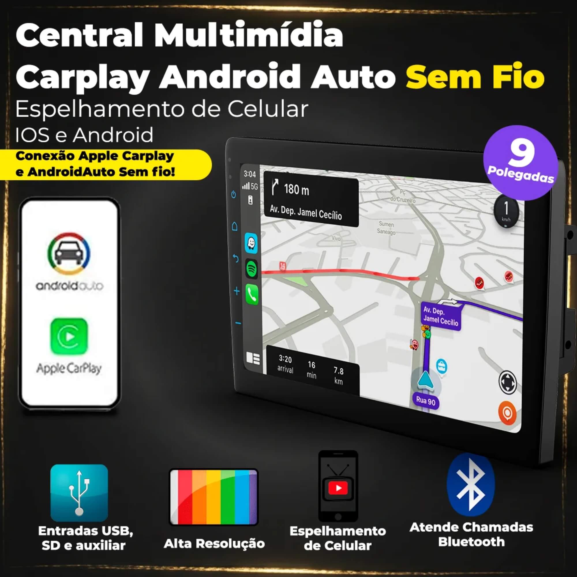 Multimídia 9" Pol Espelhamento Sem Fio 4 x 50W Roadstar - RS7009BR MI
