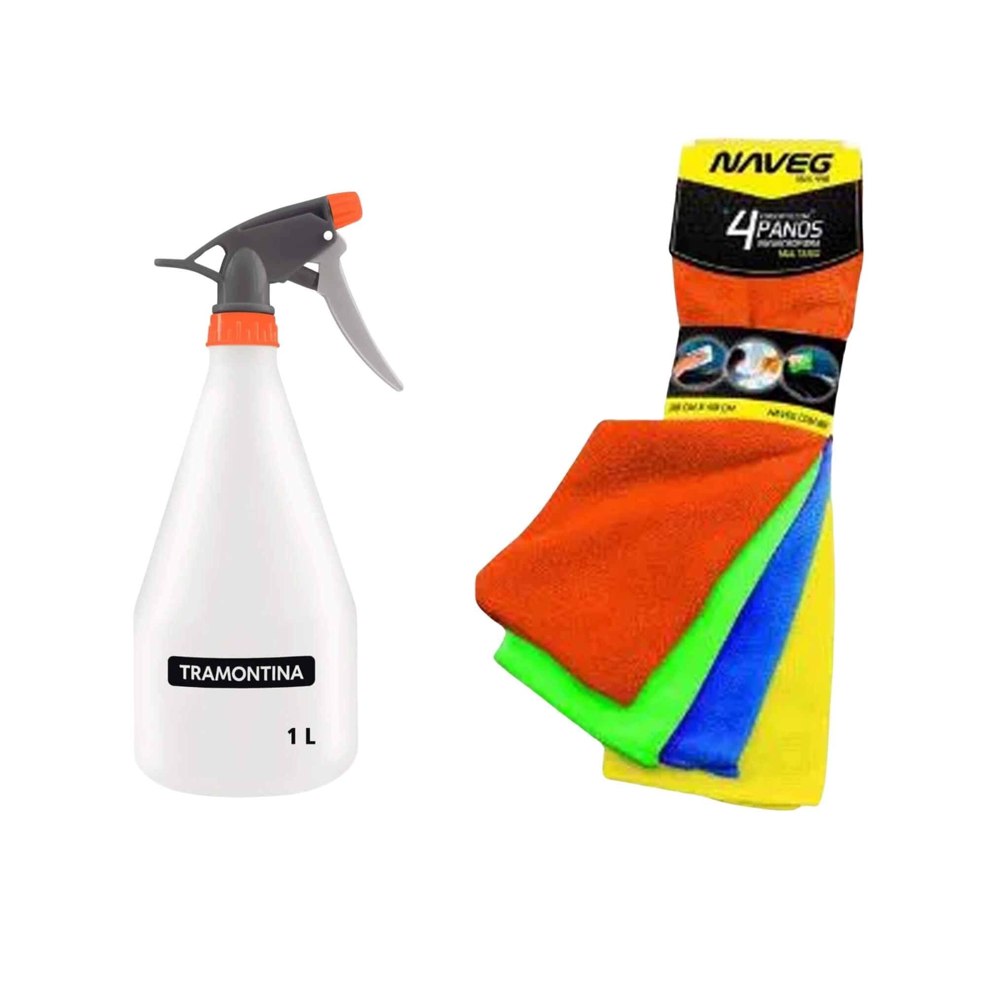 COMP Kit Pulverizador Manual 1L Tramontina + 4 Panos Microfibra Automotivo Naveg 30x40cm