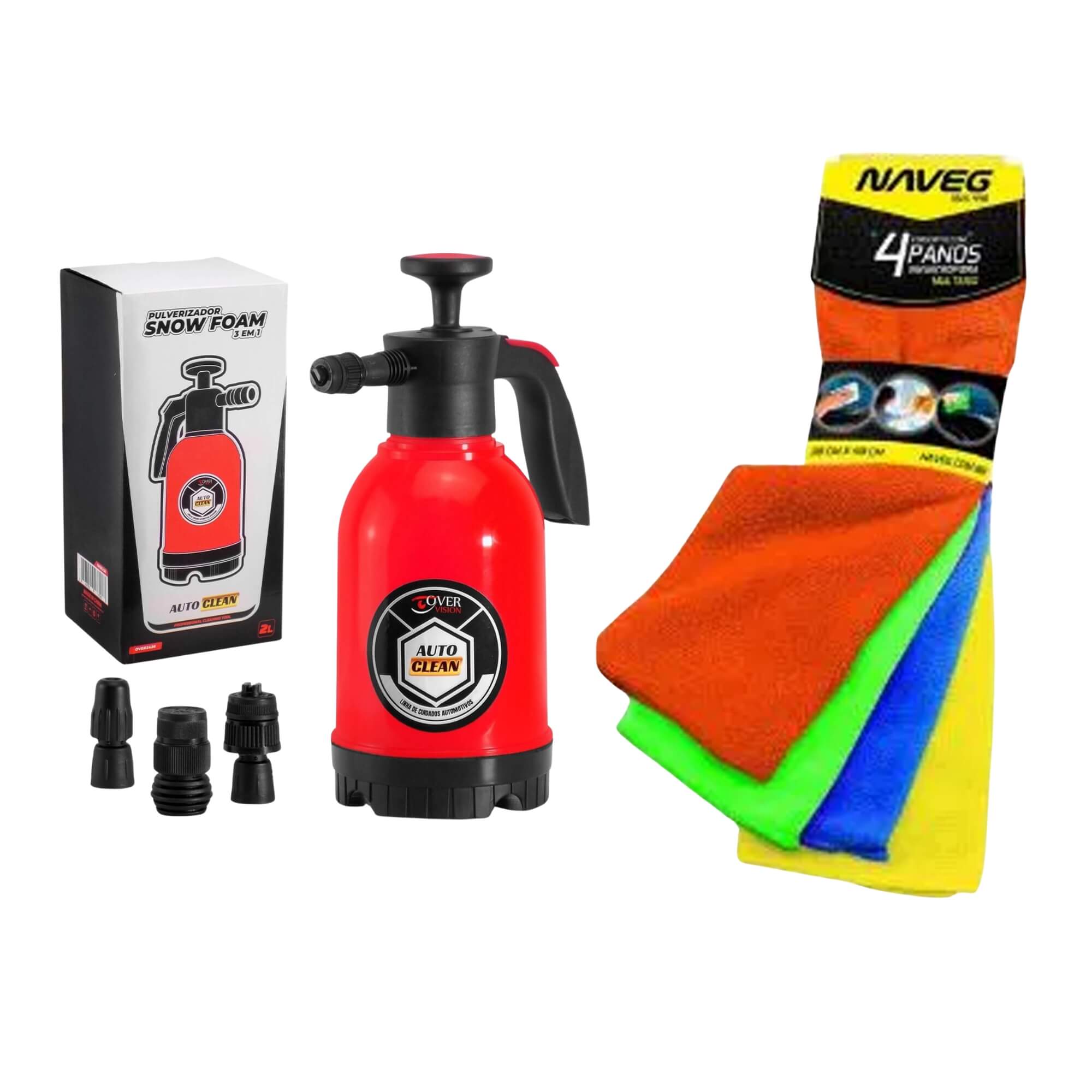 COMP Limpeza Automotiva: Pulverizador Snow Foam + 4 Panos Microfibra 30x40cm Cores Sortidas