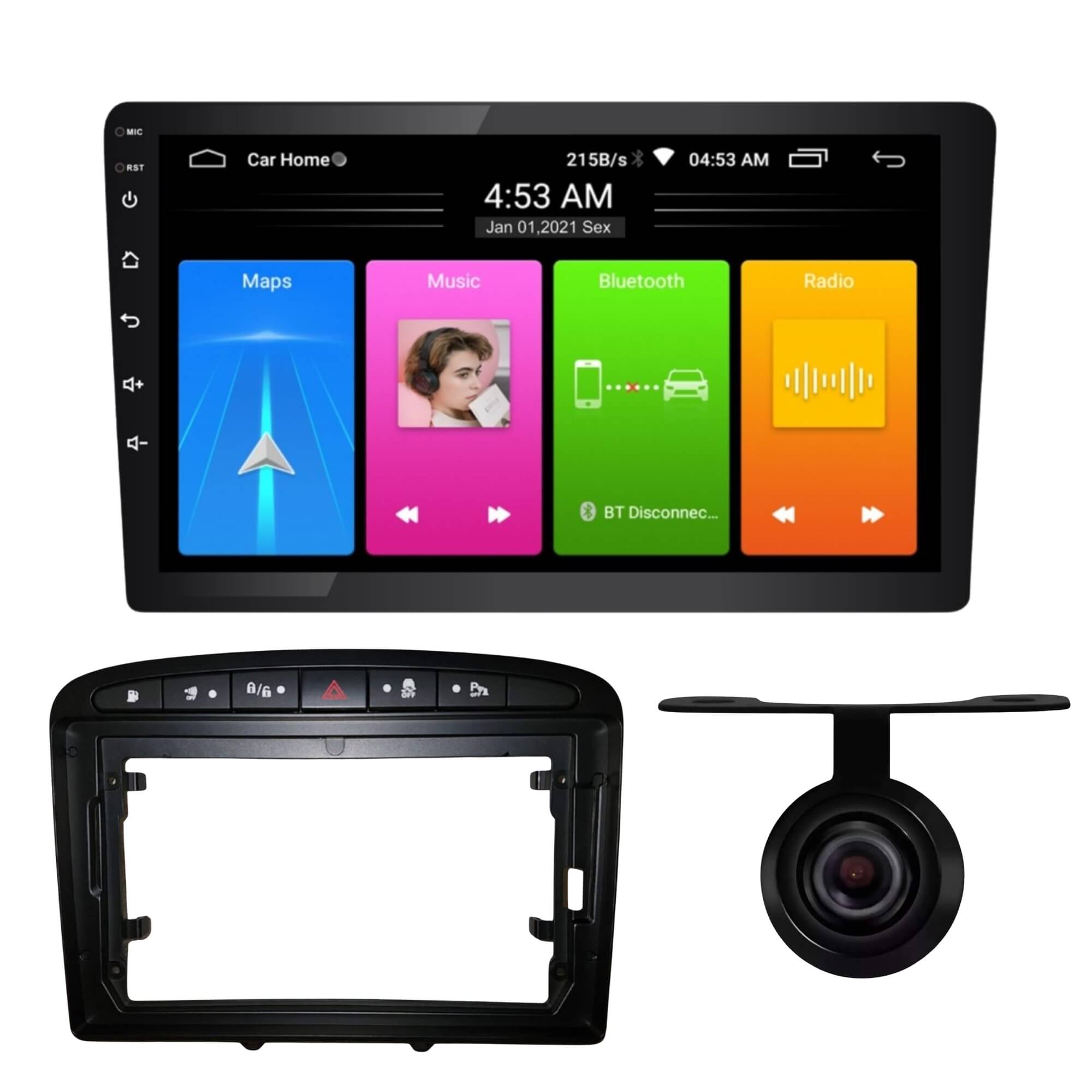 COMP Kit Automotivo Multimídia Android 9” Roadstar +  Moldura 9” Expex + Câmera de Ré Borboleta