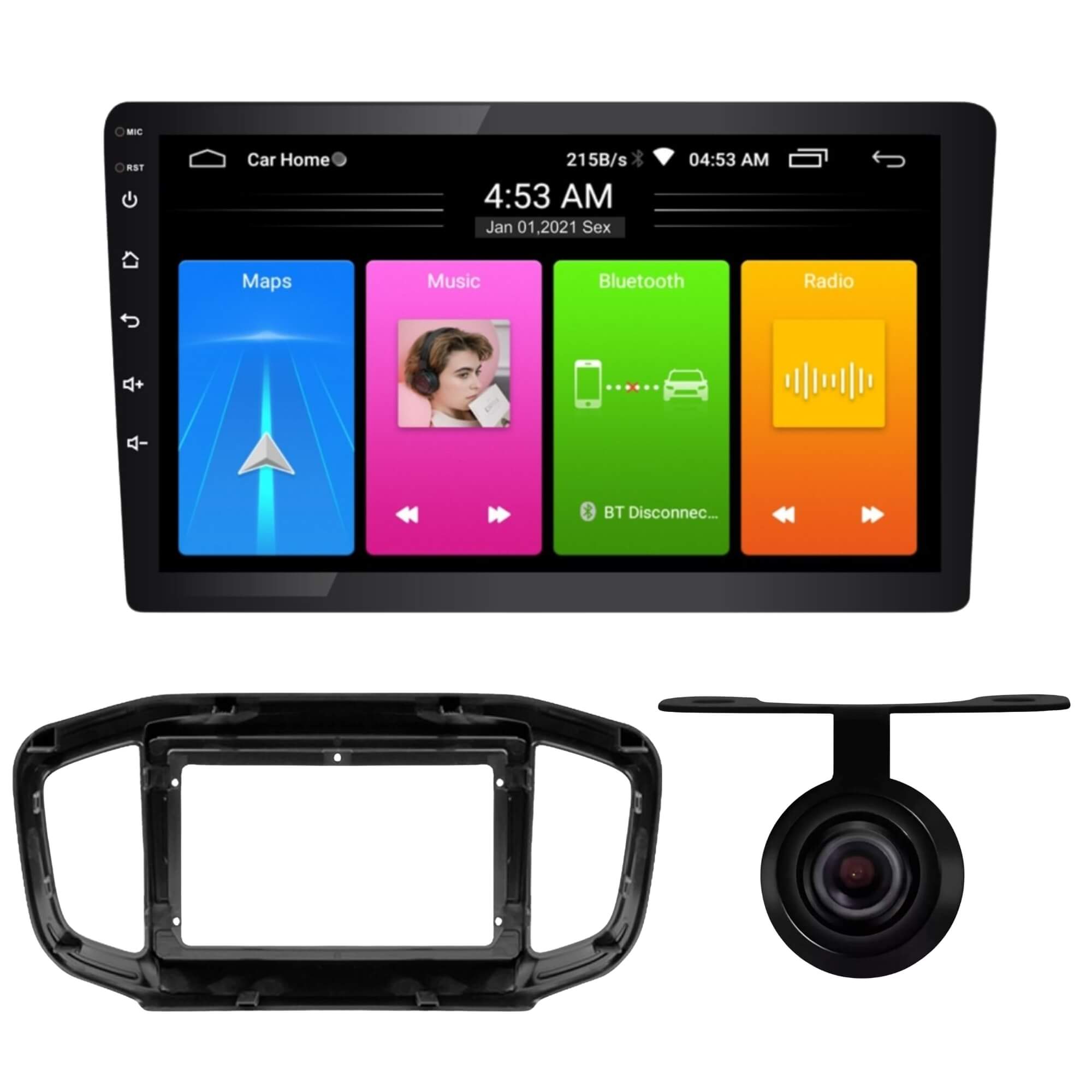COMP Kit Automotivo Multimídia Android 9” Roadstar +  Moldura 9” Expex + Câmera Ré Borboleta