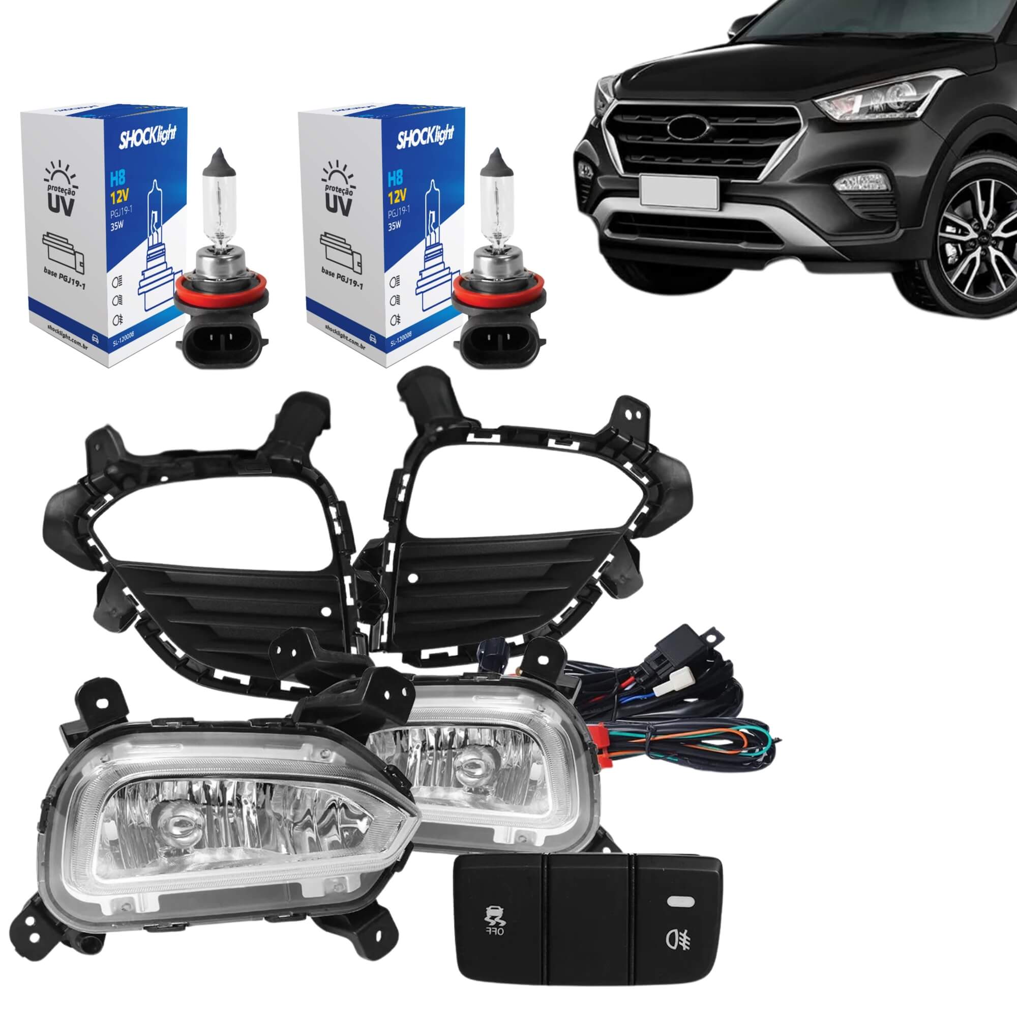 COMP Kit Farol de Milha Creta + Par Lâmpadas Halógena H8