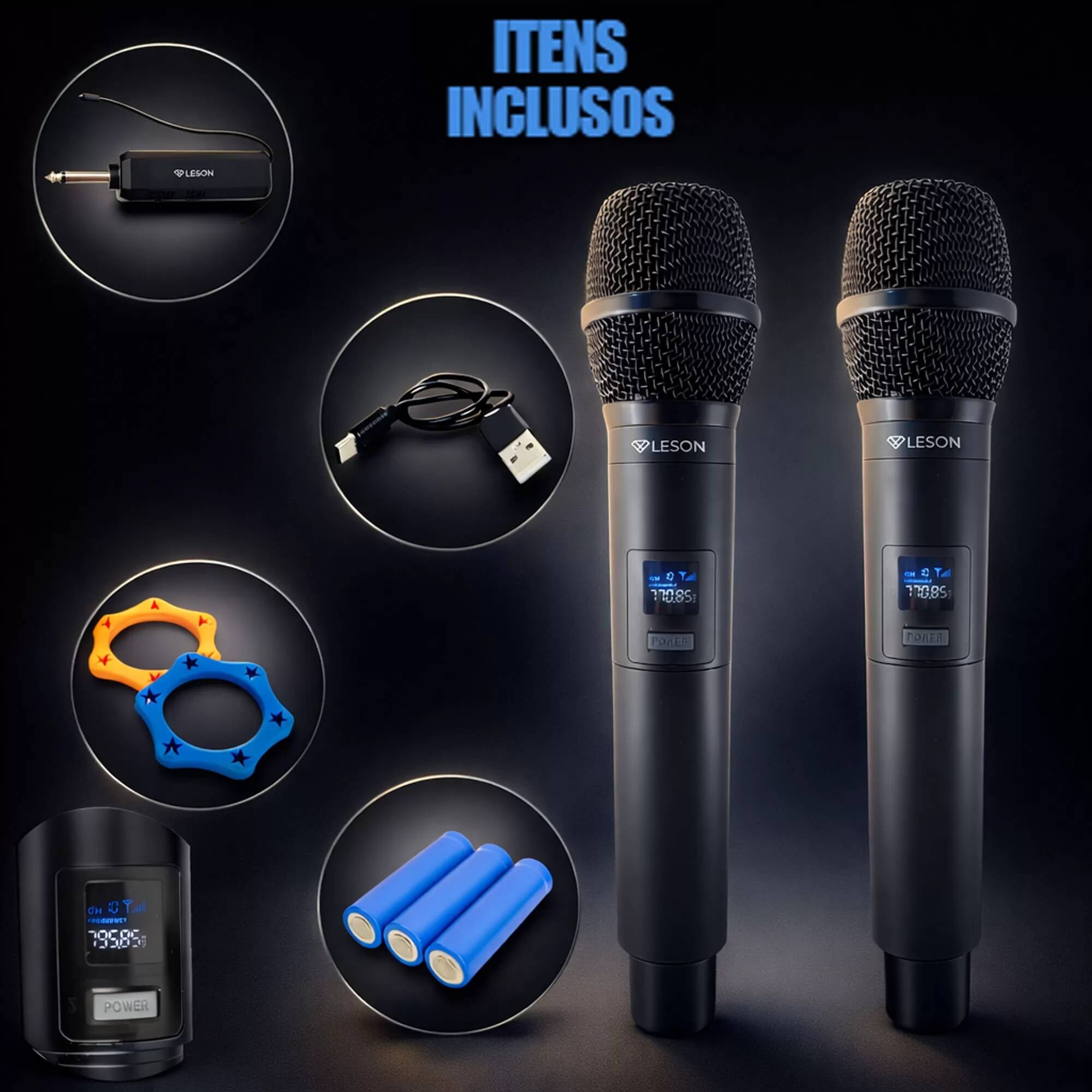 Microfone Sem Fio Duplo Recarregável alcance 30m Party Voice Leson - 2NS00002B