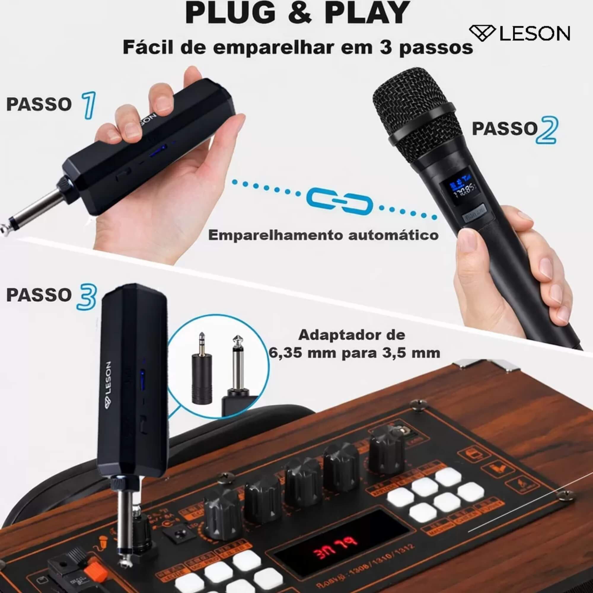 Microfone Sem Fio Duplo Recarregável alcance 30m Party Voice Leson - 2NS00002B