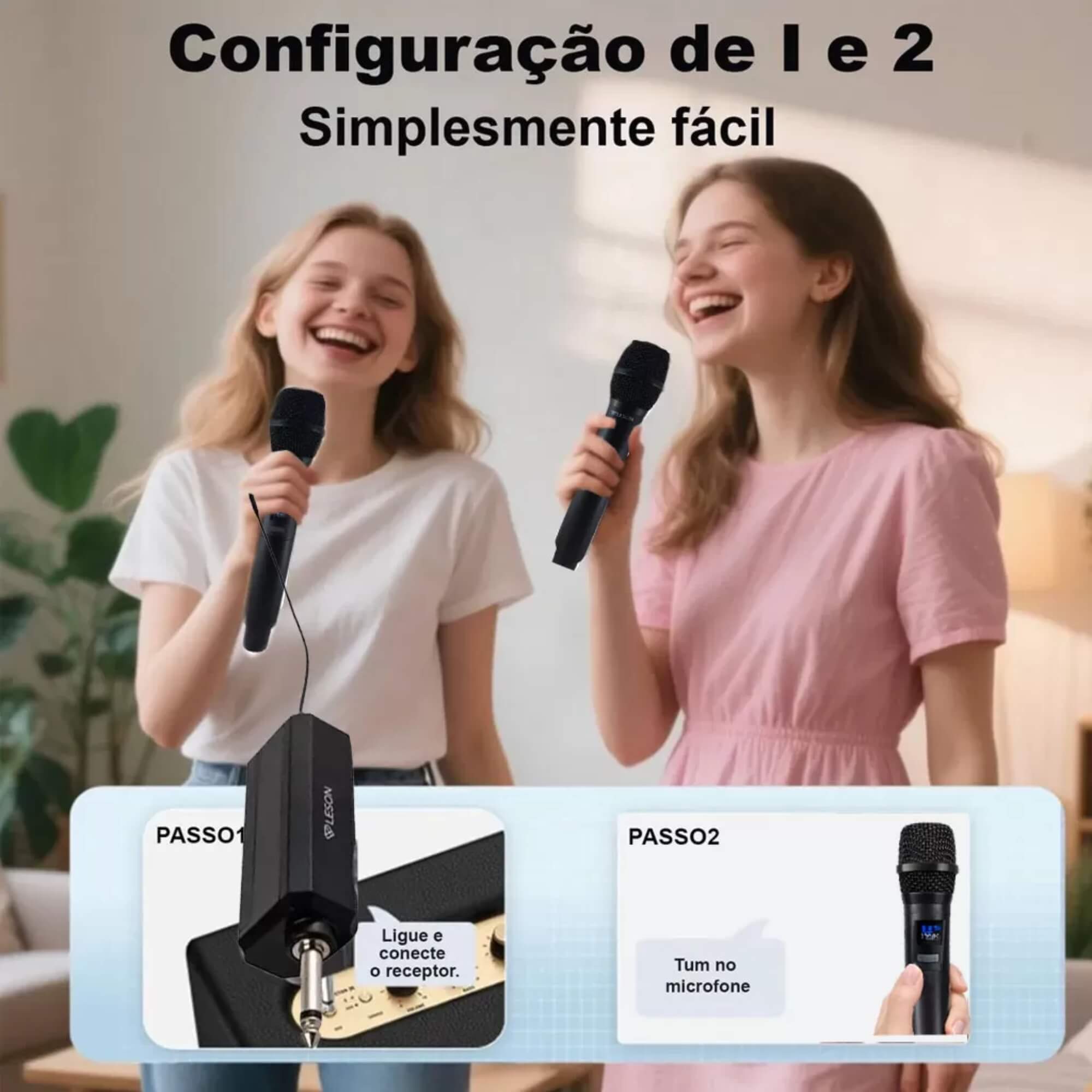 Microfone Sem Fio Duplo Recarregável alcance 30m Party Voice Leson - 2NS00002B