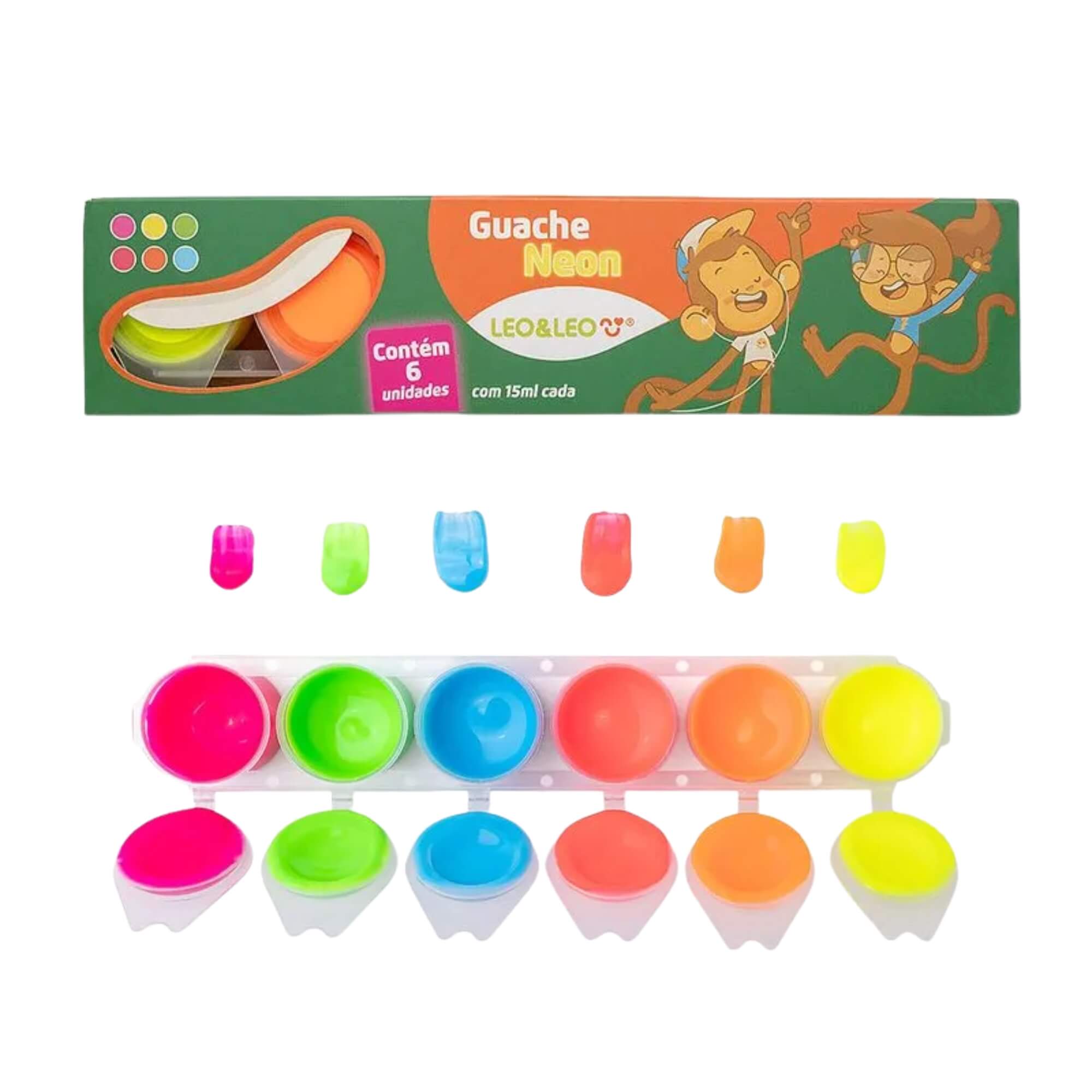 Caixa com 6 Cores de Tinta Guache Neon 15ml Por Pote Leonora Leo&Leo - 10603