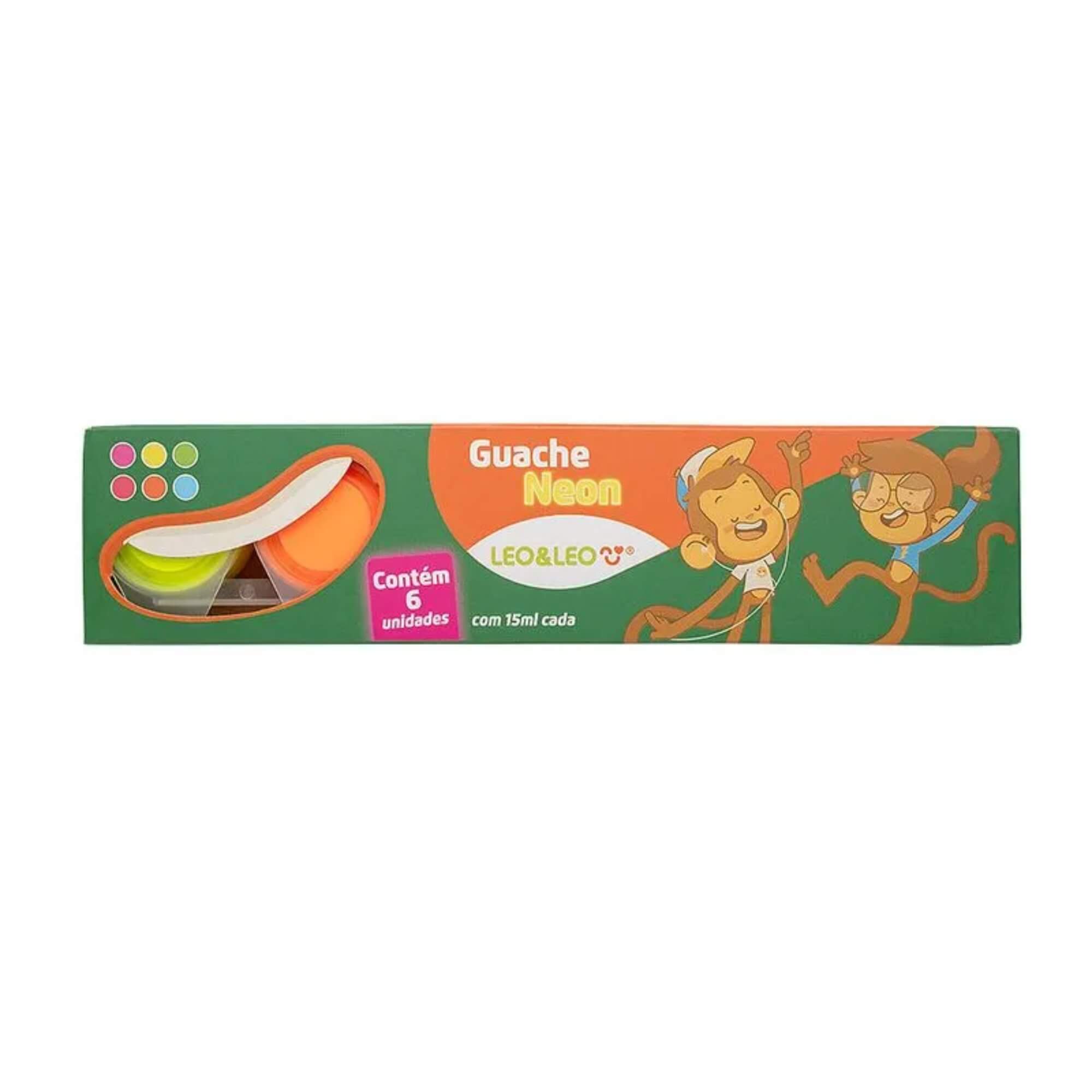 Caixa com 6 Cores de Tinta Guache Neon 15ml Por Pote Leonora Leo&Leo - 10603