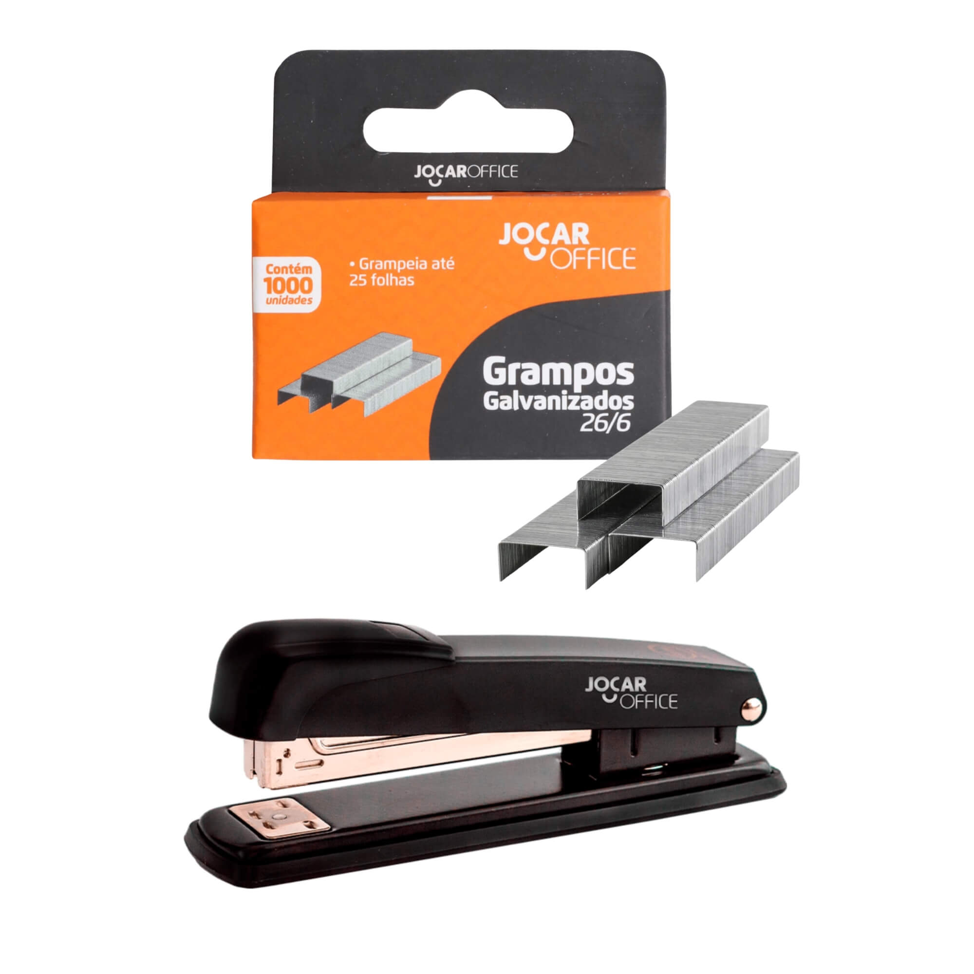 COMP Kit Leonora Jocar Office: Grampeador Metal Pequeno 15.5cm + Grampos 26/6 1000 unds