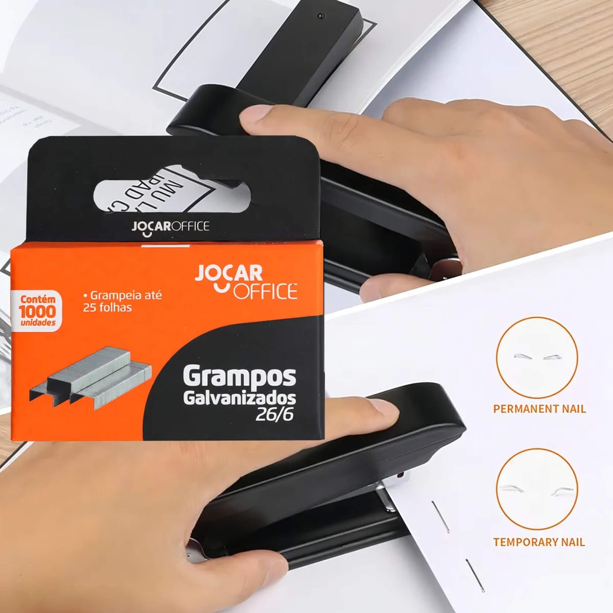 COMP Kit Leonora Jocar Office: Grampeador Metal Pequeno 15.5cm + Grampos 26/6 1000 unds